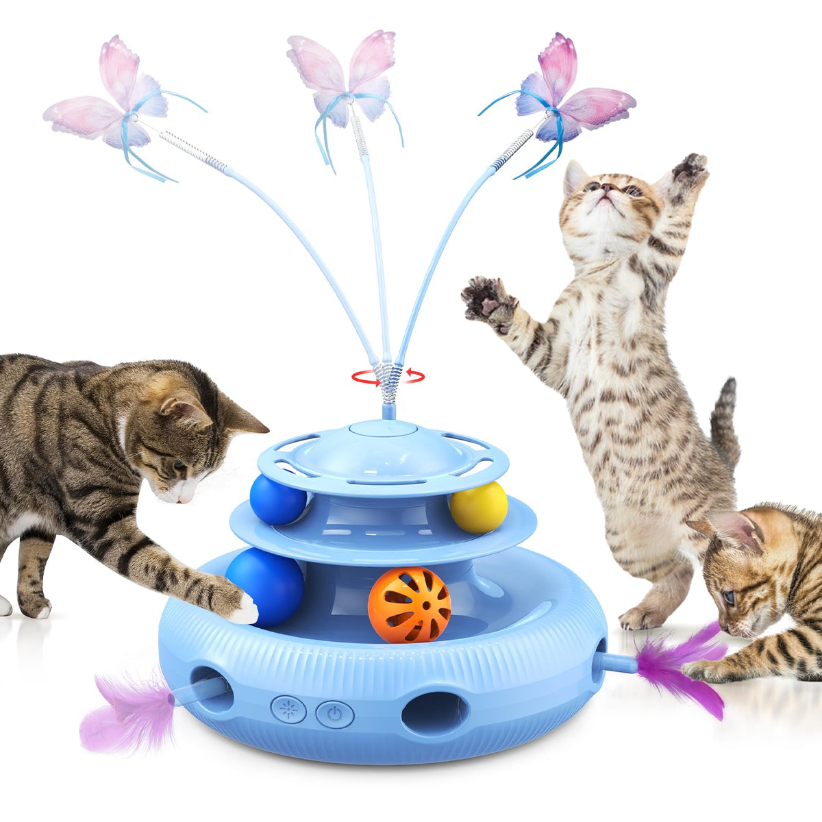 Cat Toys, 4-In-1 Rechargeable Automatic Interactive Cat Toy With Fluttering Butterfly, Random Moving Ambush Feather, Two-Tier Tr