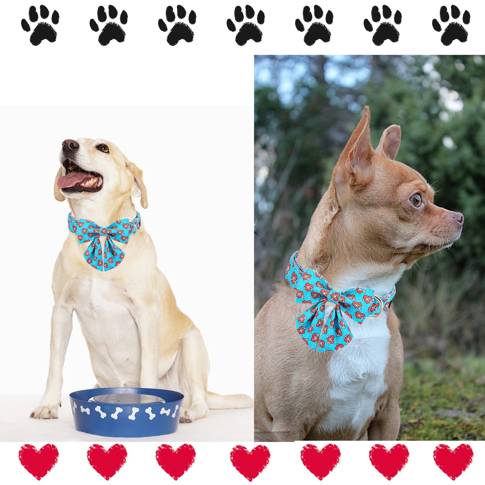 Unique Style Paws Valentine'S Dog Collar With Tie Blue Heart Puppy Collar For Small Medium Large Boys Girls-M