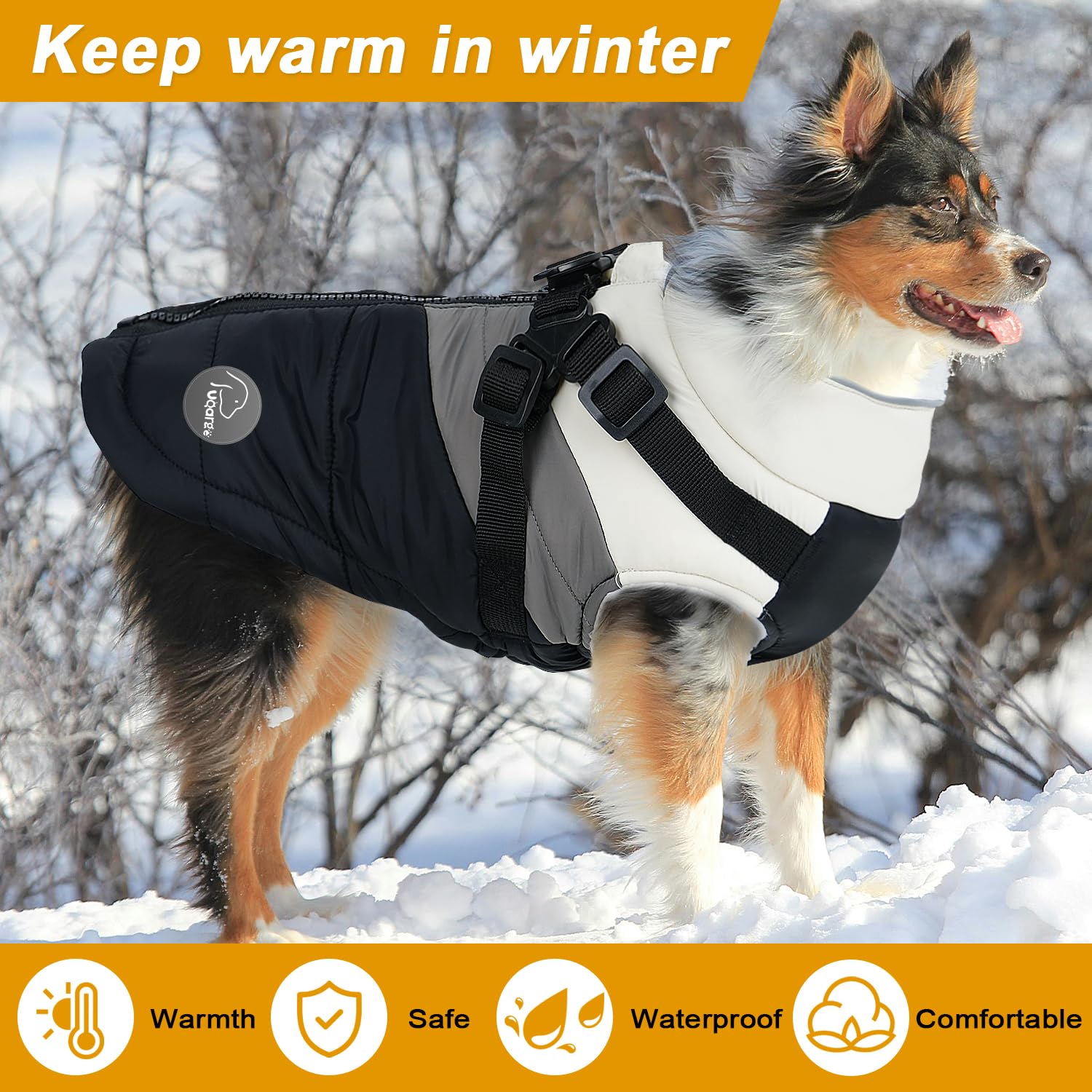 ANNICOO Warm Dog Winter Coat,Waterproof Dog Jacket with Built-in Harness,Dog Cold Weather Coat with Reflective Stripes,Winter Sn