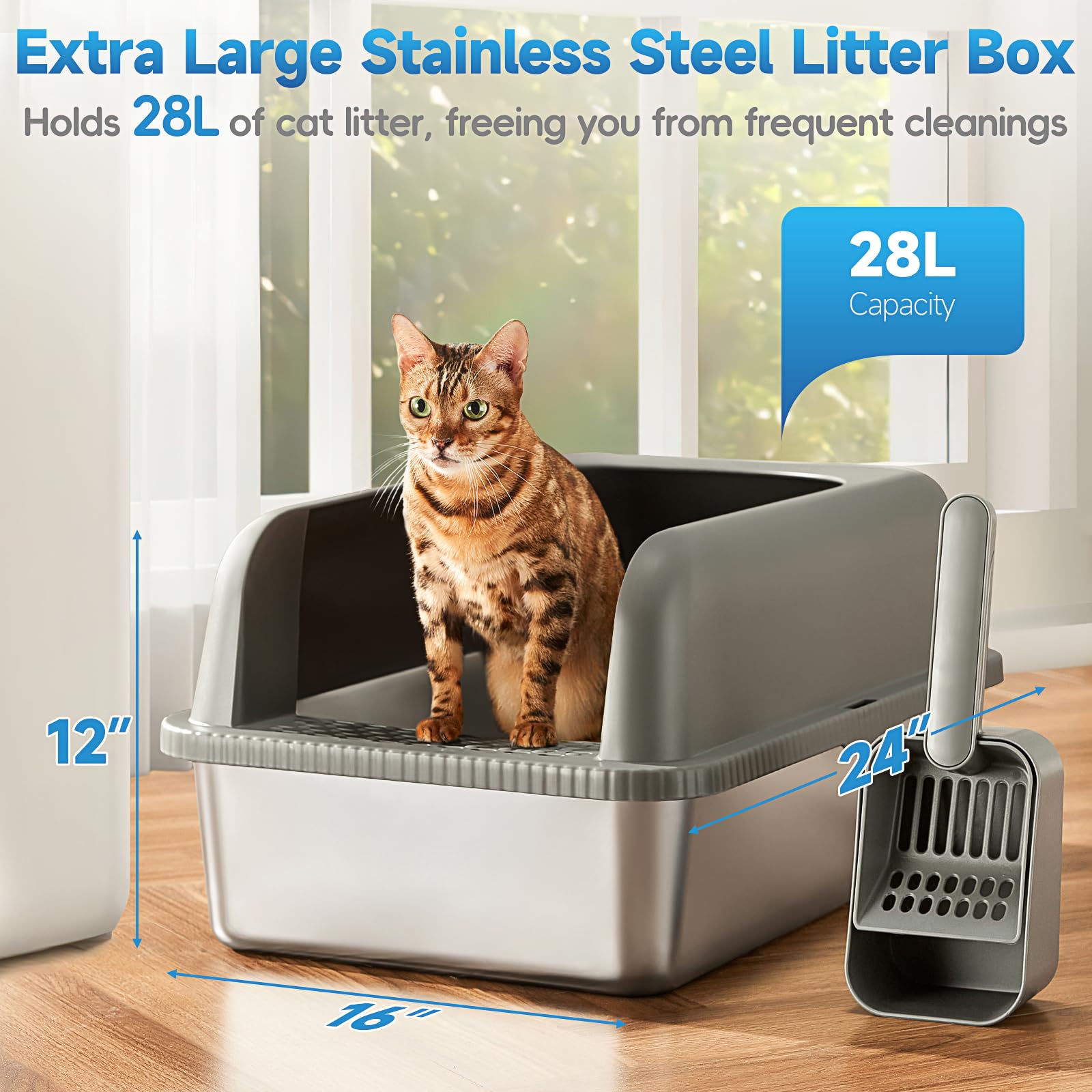 2 Pack Stainless Steel Cat Litter Box with Lid, XL Extra Large Metal Kitty Litter Box for Big Cats, 24 L x 16 W x 12 H, Enclosed