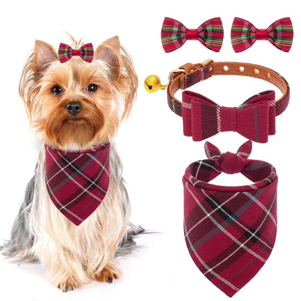 Pupteck Bow Tie Dog Collar With Bell - Classic Plaid Bandana Triangle Bibs Scarf Accessories With 2 Pack Pet Hair Bows, Red