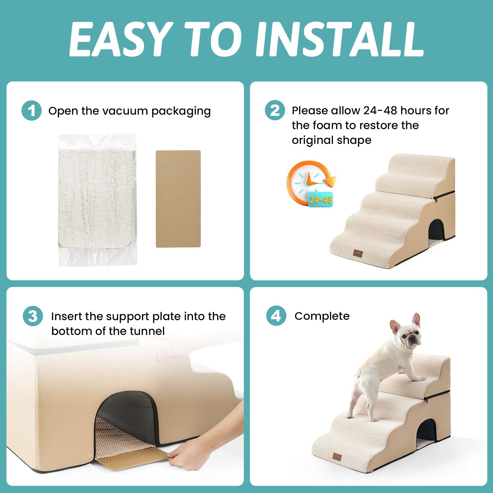 COZY KISS Wide Dog Stairs for Bed with Tunnel 19.7 Width, Foam Detachable Large Dog Step for Small Dog, Puppy or Cats, Medium Pe