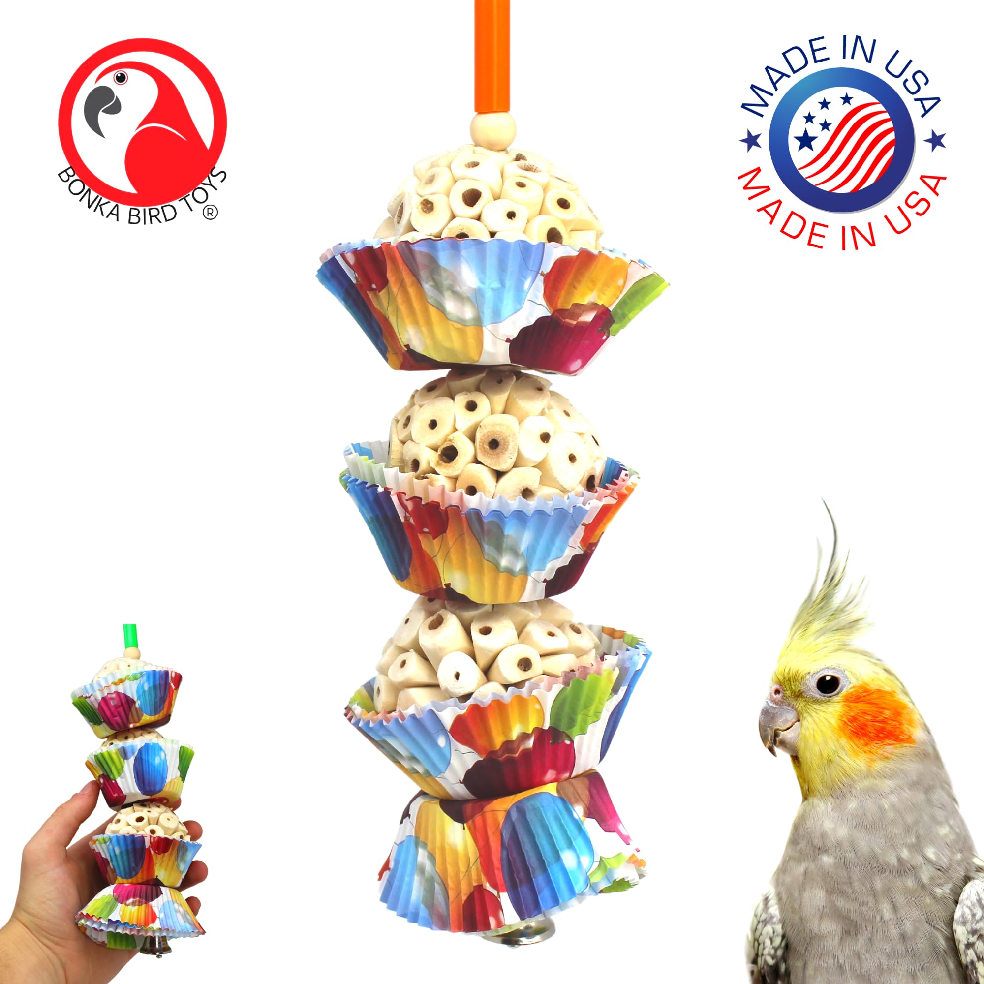 Bonka Bird Toys 1931 Three Cake, 11.75' Hanging Bird Toy With Sola Balls, Cupcake Cups, Wooden Beads, Bell, And Straw, Chewable And Shreddable, Safe For Parrots, And Small Birds