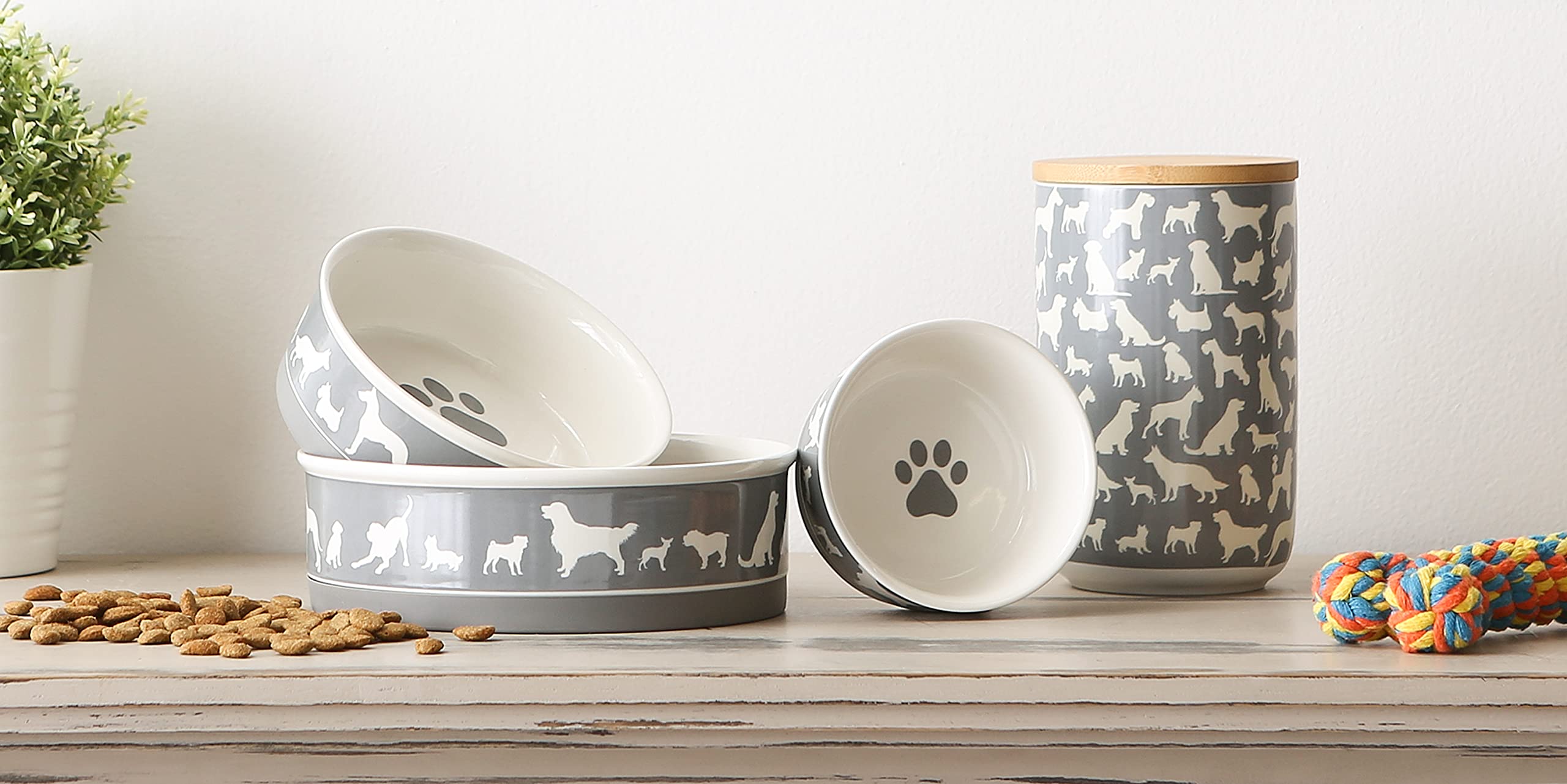 Bone Dry Ceramic Treat Jar for Cats and Dogs, Bamboo Lid, Dishwasher Safe Canister, 4x6.5, Gray, Dog Treats