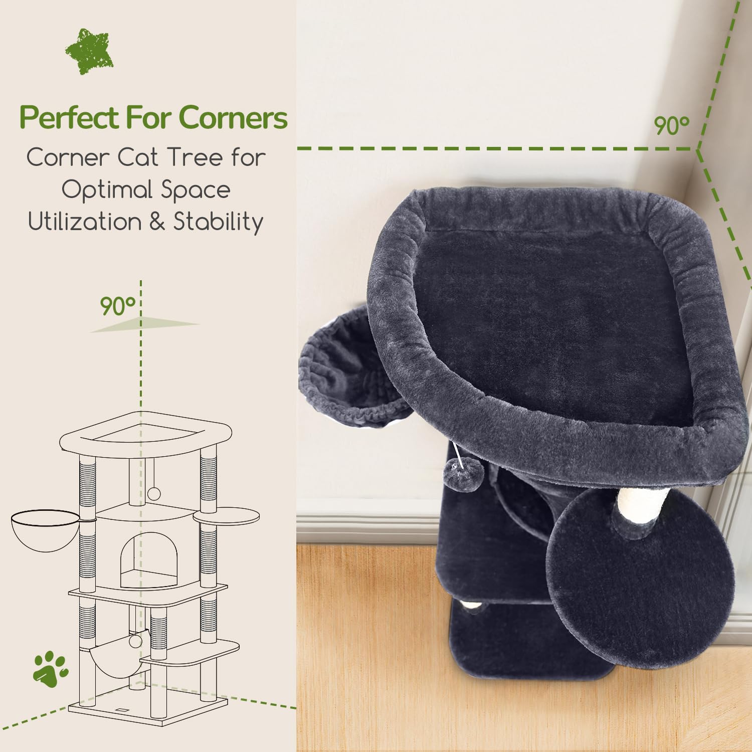 Globlazer C51 Corner Cat Tree Condo For Indoor Cats, 51In Curved Series Multi-Level Corner Cat Climbing Tower For Large Cats Adu