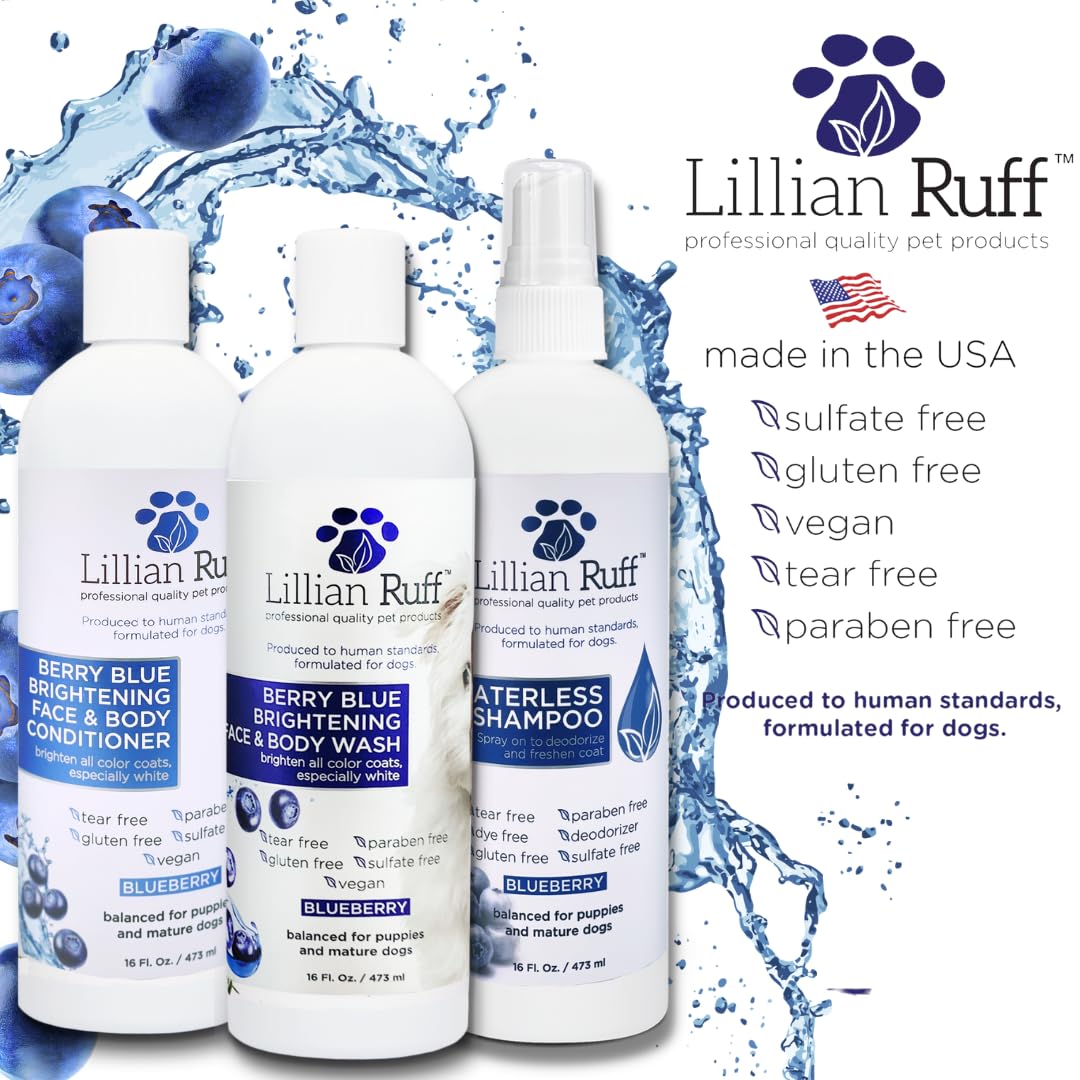 Lillian Ruff Berry Blue Brightening Face And Body Wash For Dogs - Blueberry Shampoo - Remove Tear Stains, Hydrate Dry Itchy Skin, Add Shine & Luster To Coats (Berry Blue Brilliance Bundle)