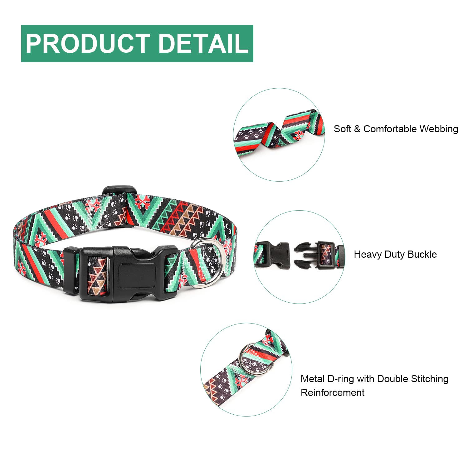 Mercano Adjustable Dog Collar - Special Design Patterns, Soft Nylon Comfortable Durable Pet Collar For Small Medium Large Dogs (M, Ethnic Green)
