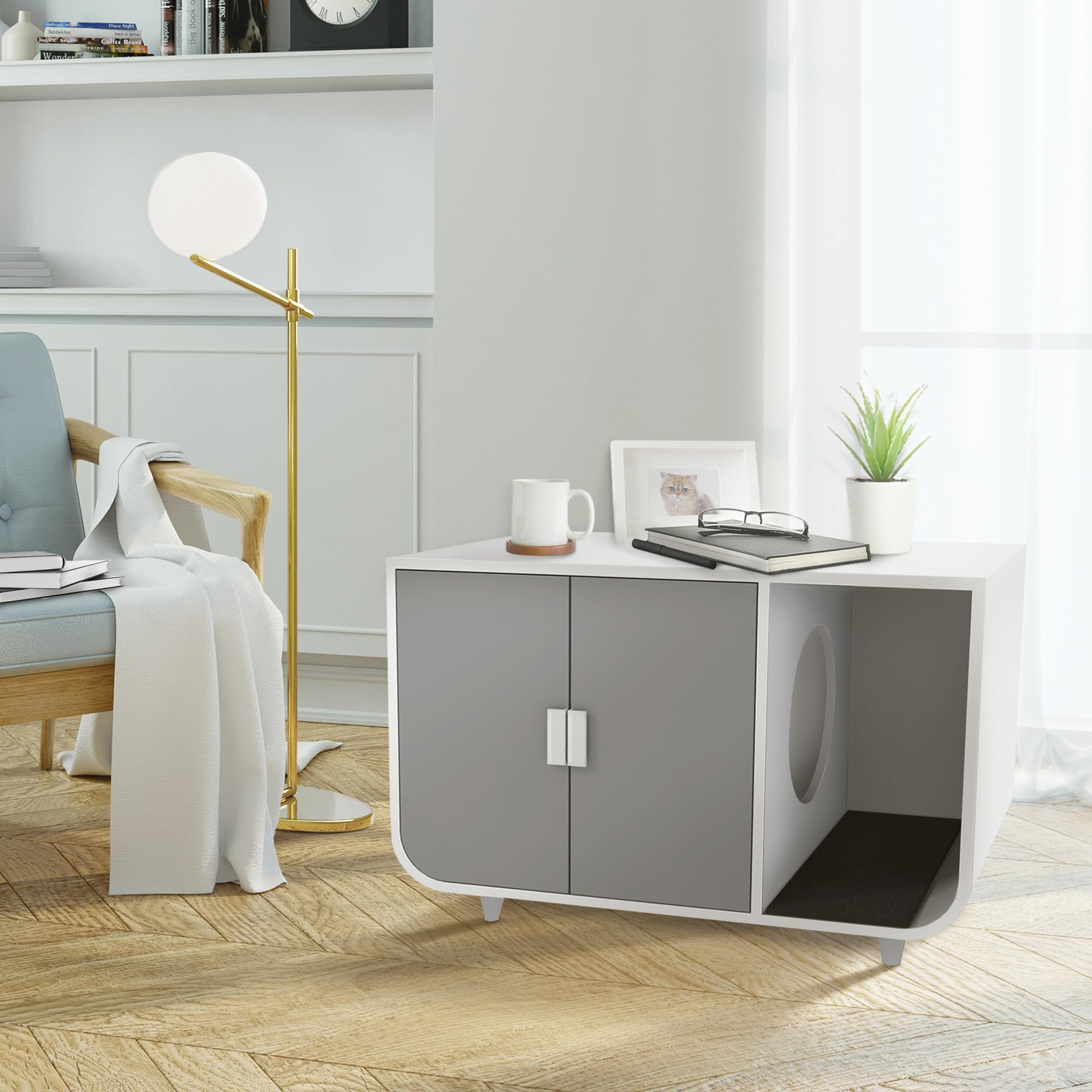 Staart Cat Litter Box Enclosure - Large Hidden Furniture Nightstand, Alpine White, Solid Wood, Model ST-K100021