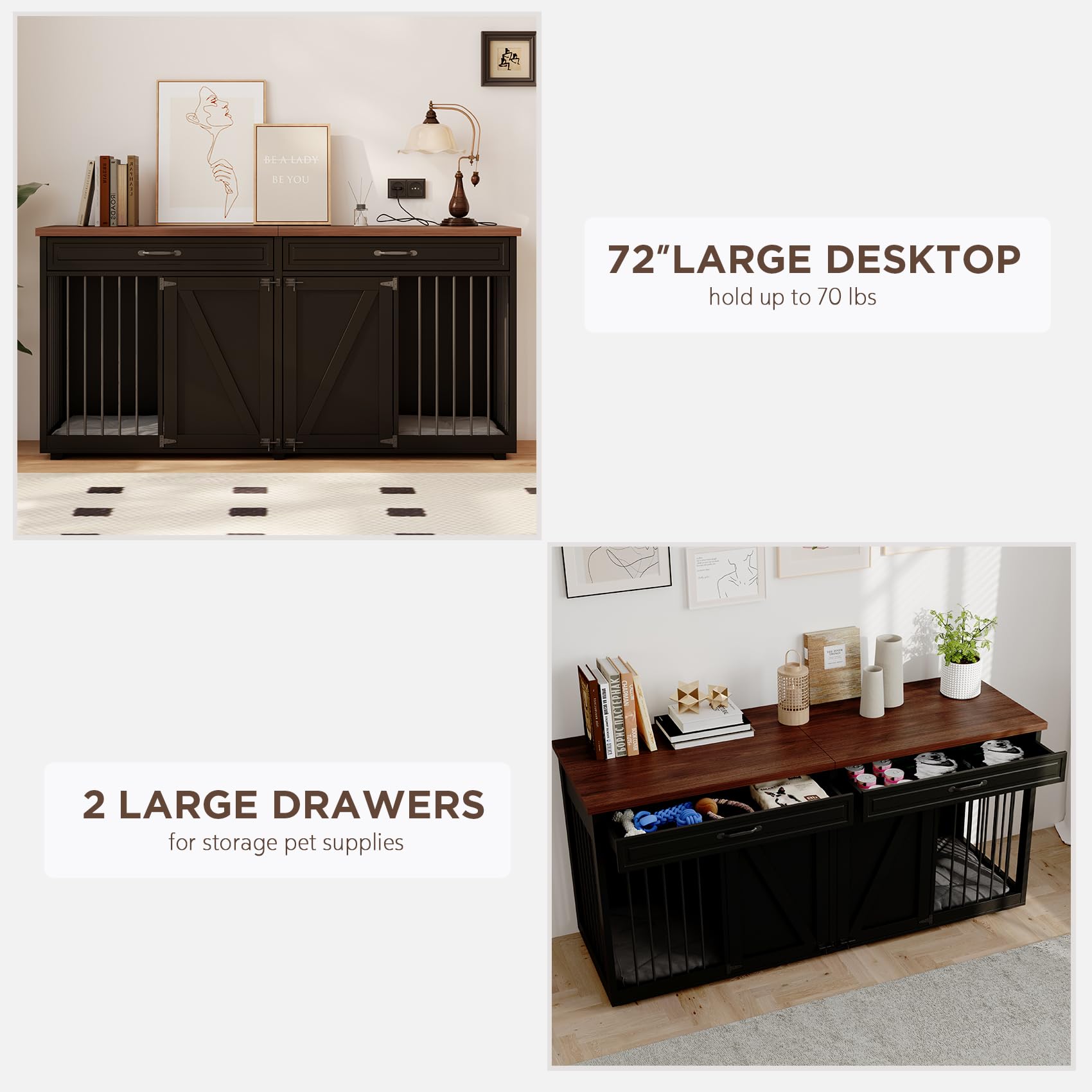 Furniture Style Dog Crate - Indoor Wooden Dog Kennel Furniture with 2 Drawers & Room Divider - 72 L x 23.6 W x 34 H - Black