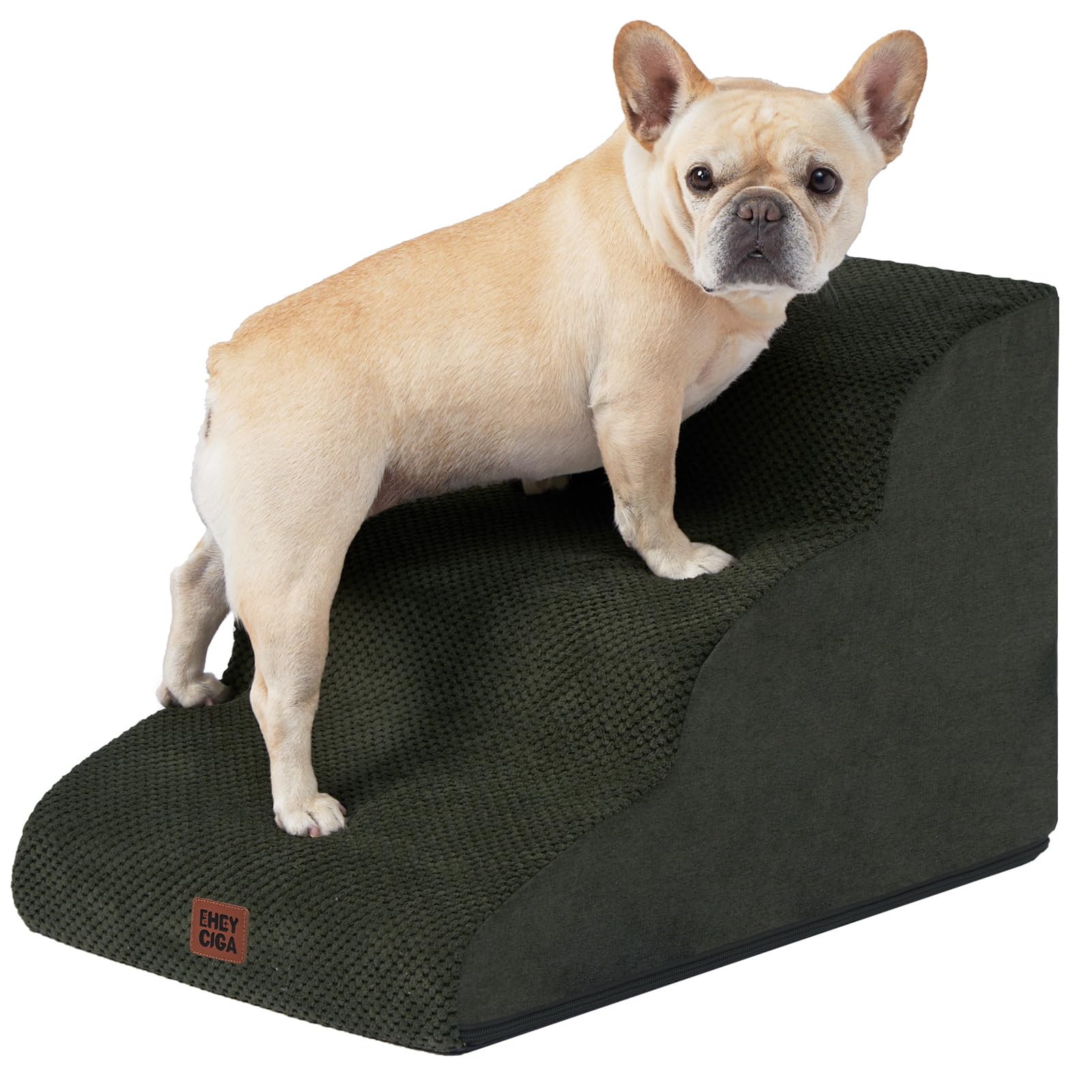Eheyciga Curved Dog Stairs Ramp For Small Dogs 15.7' H, 3-Step Dog Steps For Couch Sofa And Chair, Pet Stairs For Cats, Non-Slip Balanced Pet Steps Indoor, Olive Green