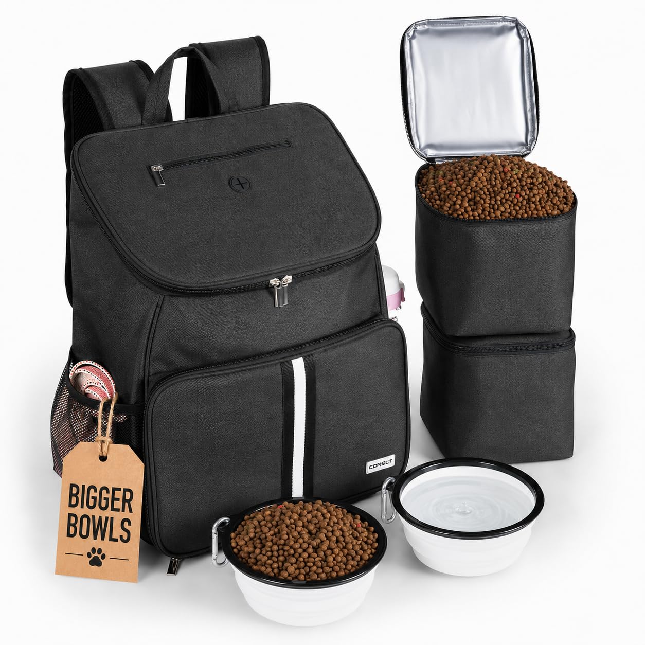Dog Travel Backpack with 2 Large Bowls & Food Containers | All-in-One Dog Travel Bag for Supplies, Food & Gear | Insulated Dog F