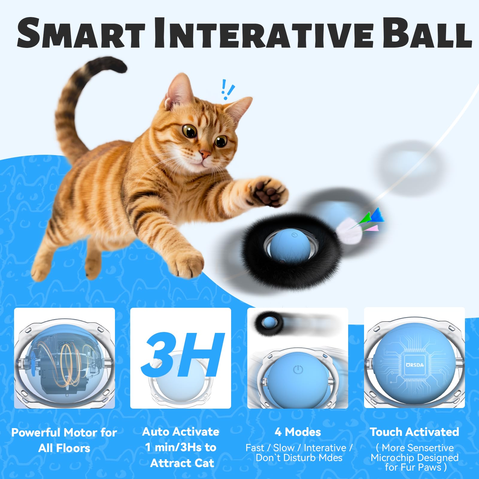 ORSDA Cat Toys, Interactive Fast Rolling Ball in Pouch, Hide and Seek for Indoor Cats, Motion Chirping Activated Moving Ball, 7
