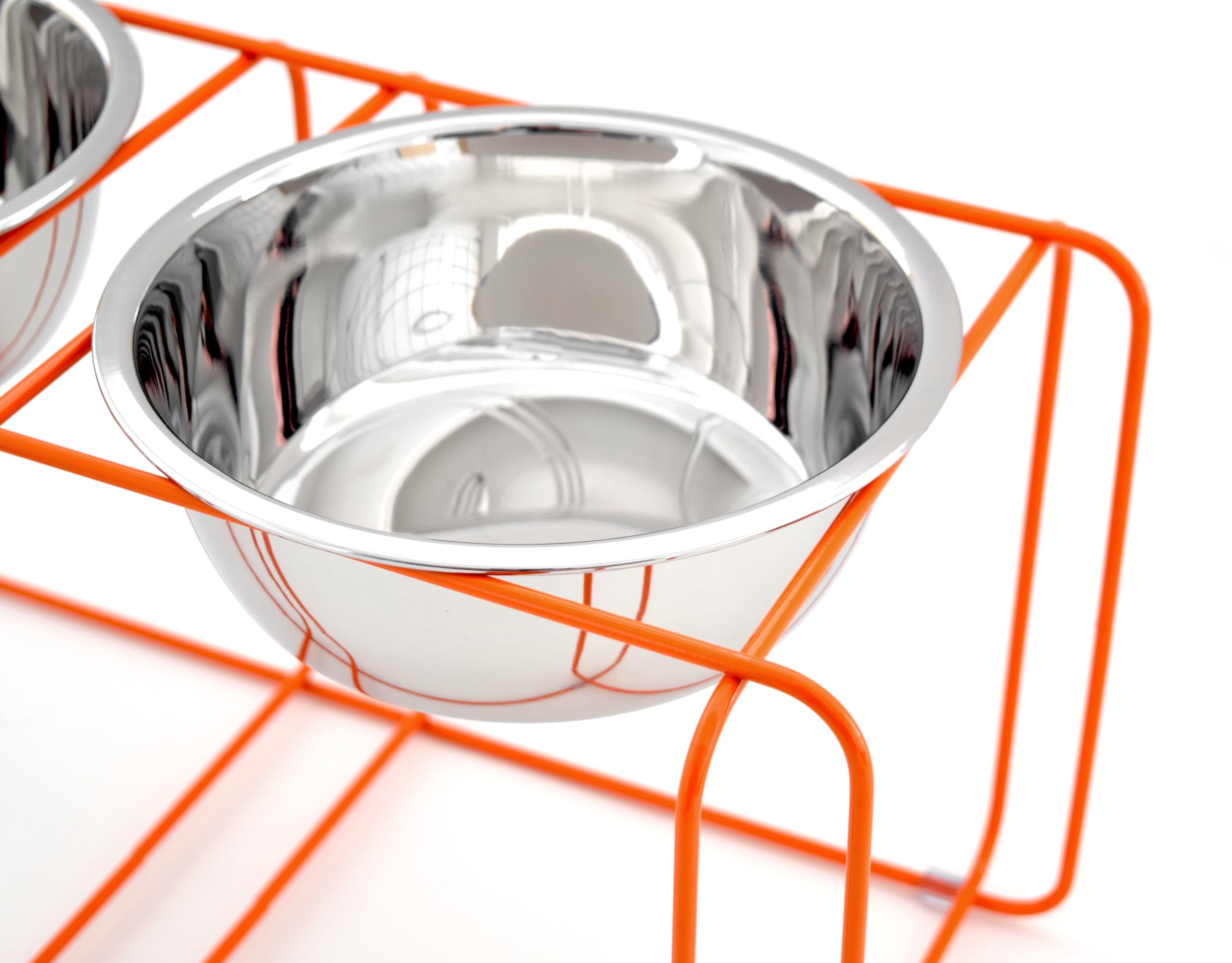 Doca Pet Elevated Dog Bowls Stand - 2 Stainless Steel Dishes, Non-Skid, Modern Design, Small, Orange Frame, Model WDS-OR-3CP