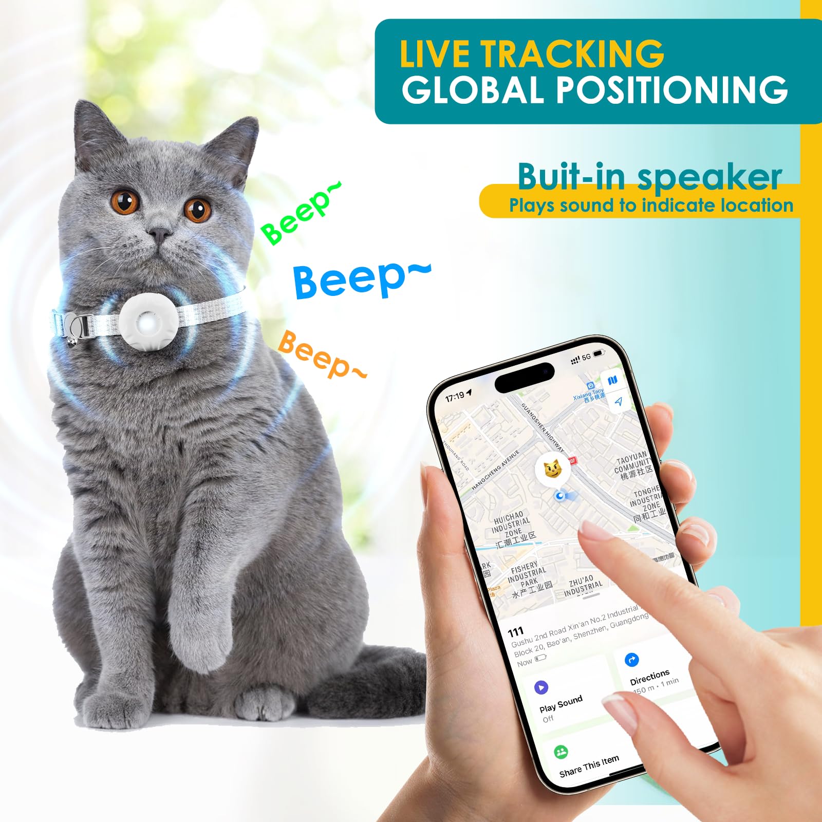 Cat Tracker,Pet Tracker for Cats (Only iOS),Waterproof Tracker Cat Collars with Safety Elastic Buckle,No Monthly Fee,Works with