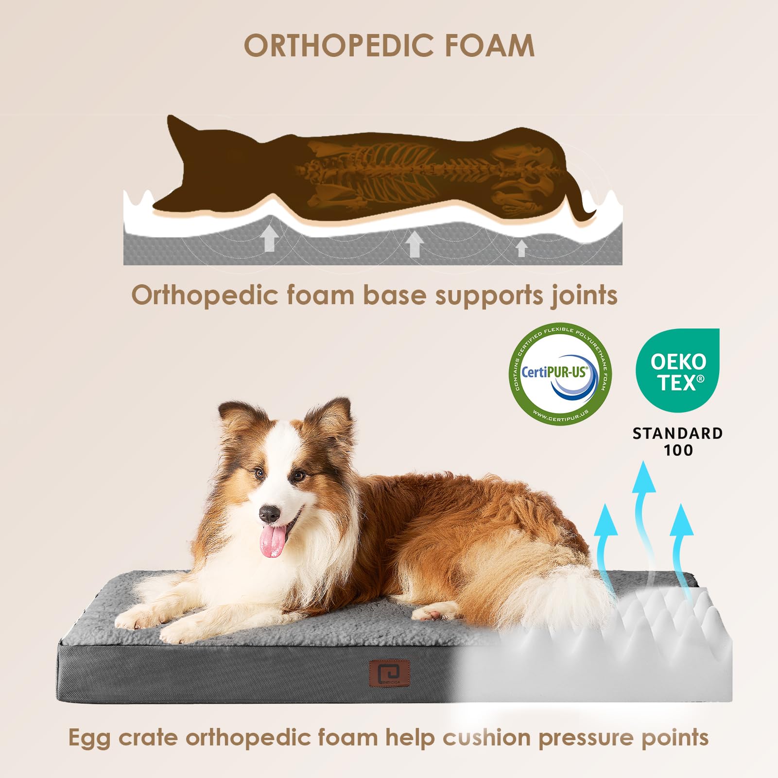 EHEYCIGA Orthopedic Dog Bed for Large Dogs, Grey, 35"x23", Removable Washable Cover, Comfortable Polyester
