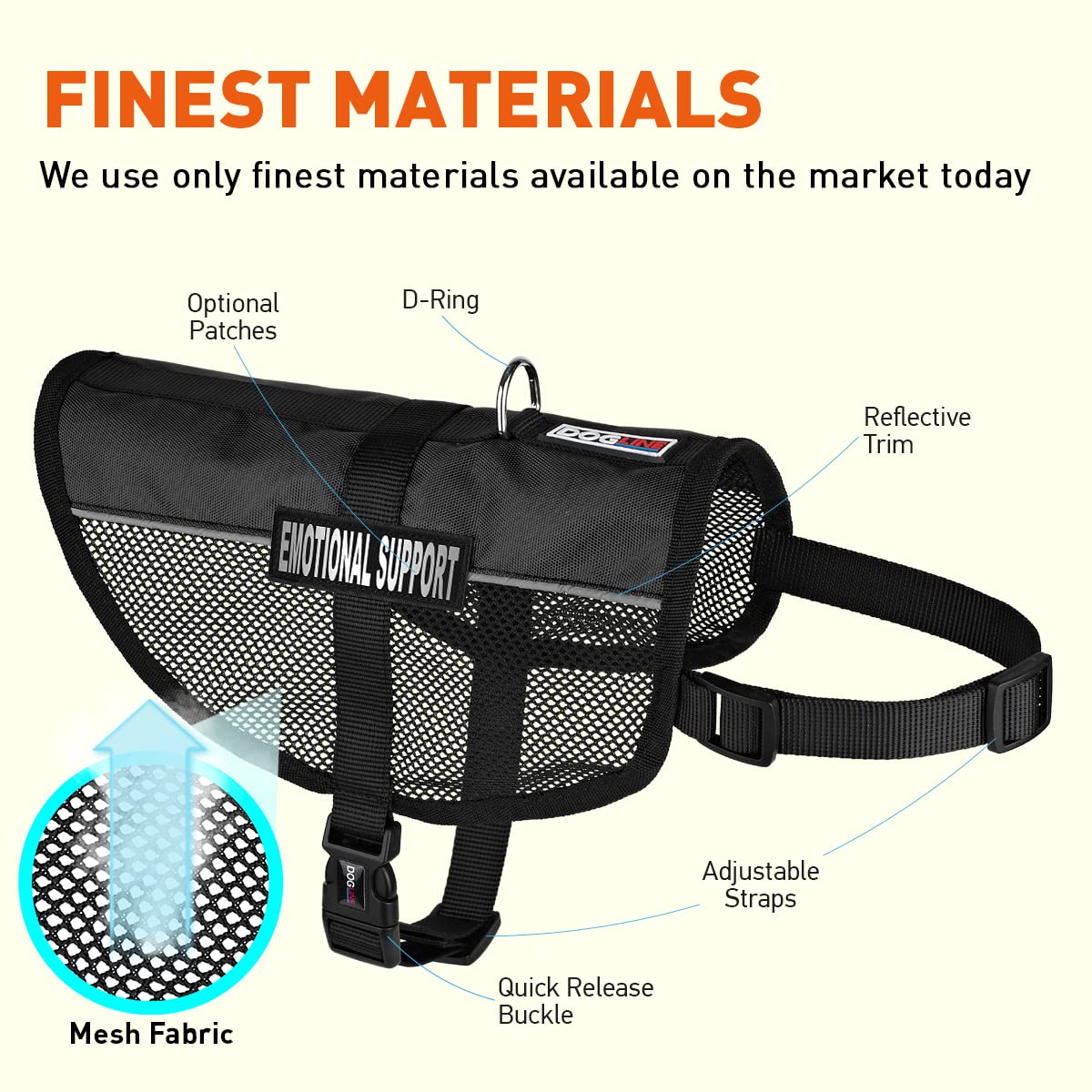 Dogline 13'-16' Maxaire Mesh Vest For Dogs And 2 Removable Emotional Support Patches, Small, Black