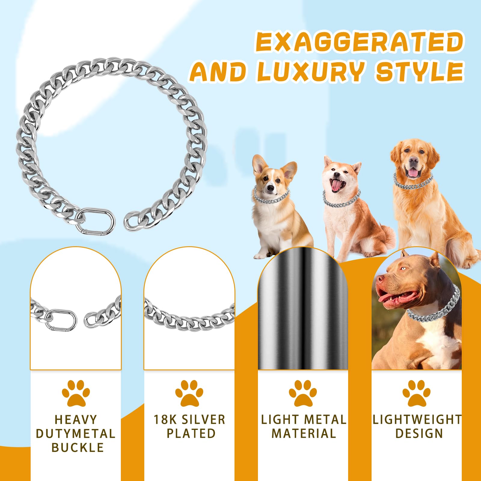 Baobote 19Mm Thick 18K Silver Plated Metal Dog Cuban Link Collar - Silver Dog Chain Collar For Dogs (22'')