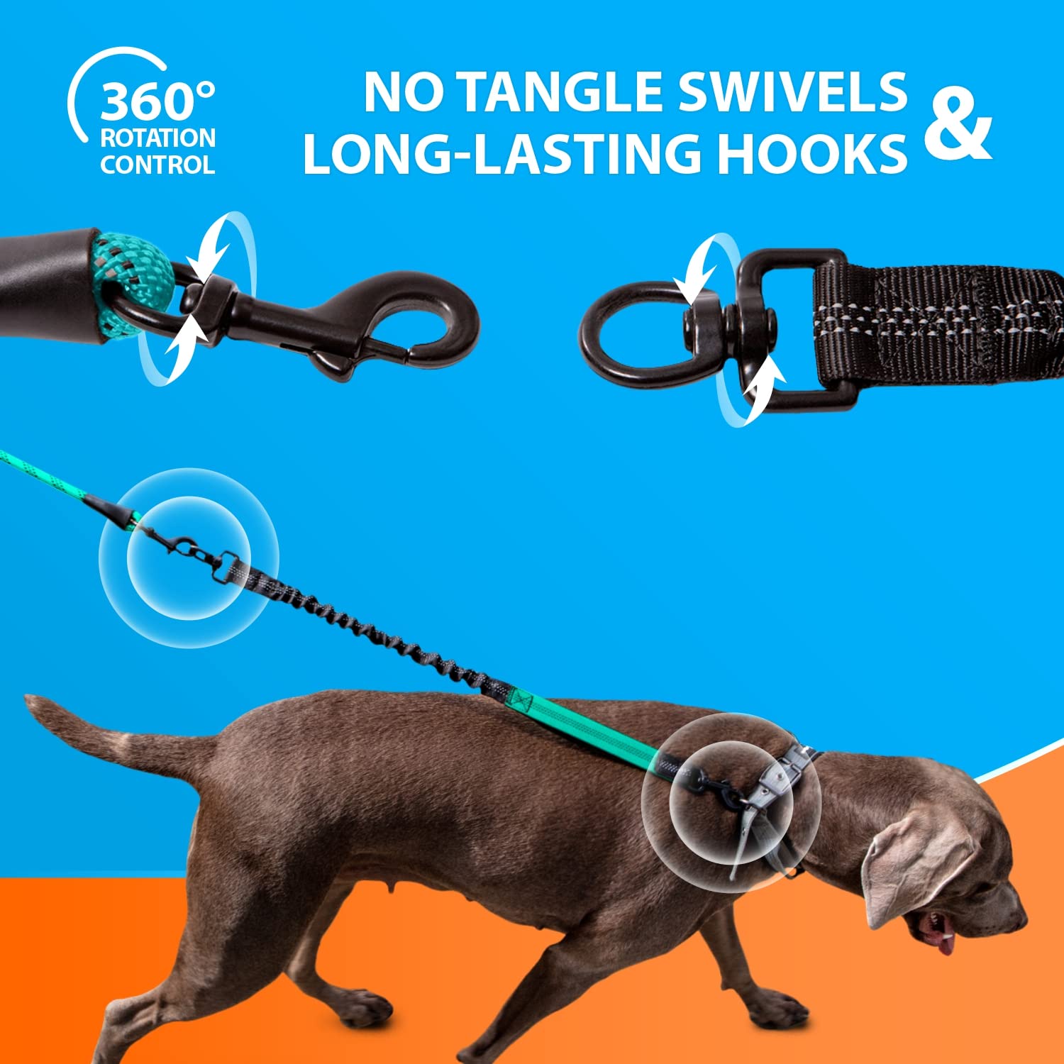 SparklyPets Heavy Duty Bungee Leash for Large & Medium Dogs - Teal, Anti-Pull, Shock Absorption, 5.5 Ft, No Slip Reflective