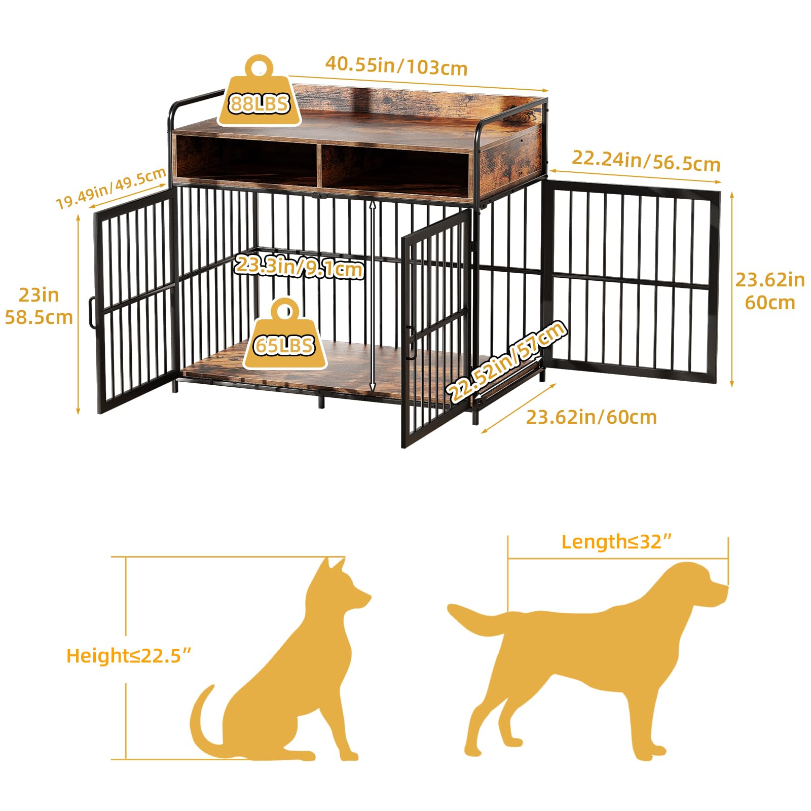 Saudism Large Dog Crate Furniture, Heavy Duty Wood Kennel, 40.5"L x 23.6"W x 35.4"H, Rustic Brown, Sturdy Metal with Draw