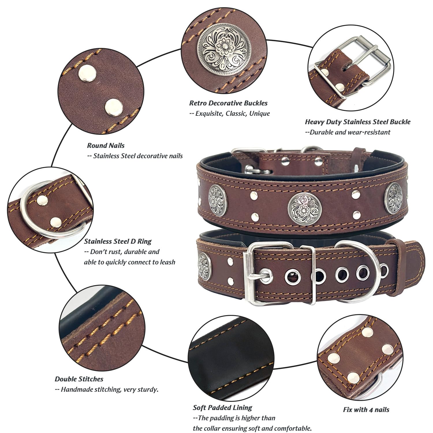 Leather Dog Collar For Large Medium Dogs, Heavy Duty 2 Inches Wide Pet Collars, Thick, Strong, Luxury And Studded Dog Collars Br