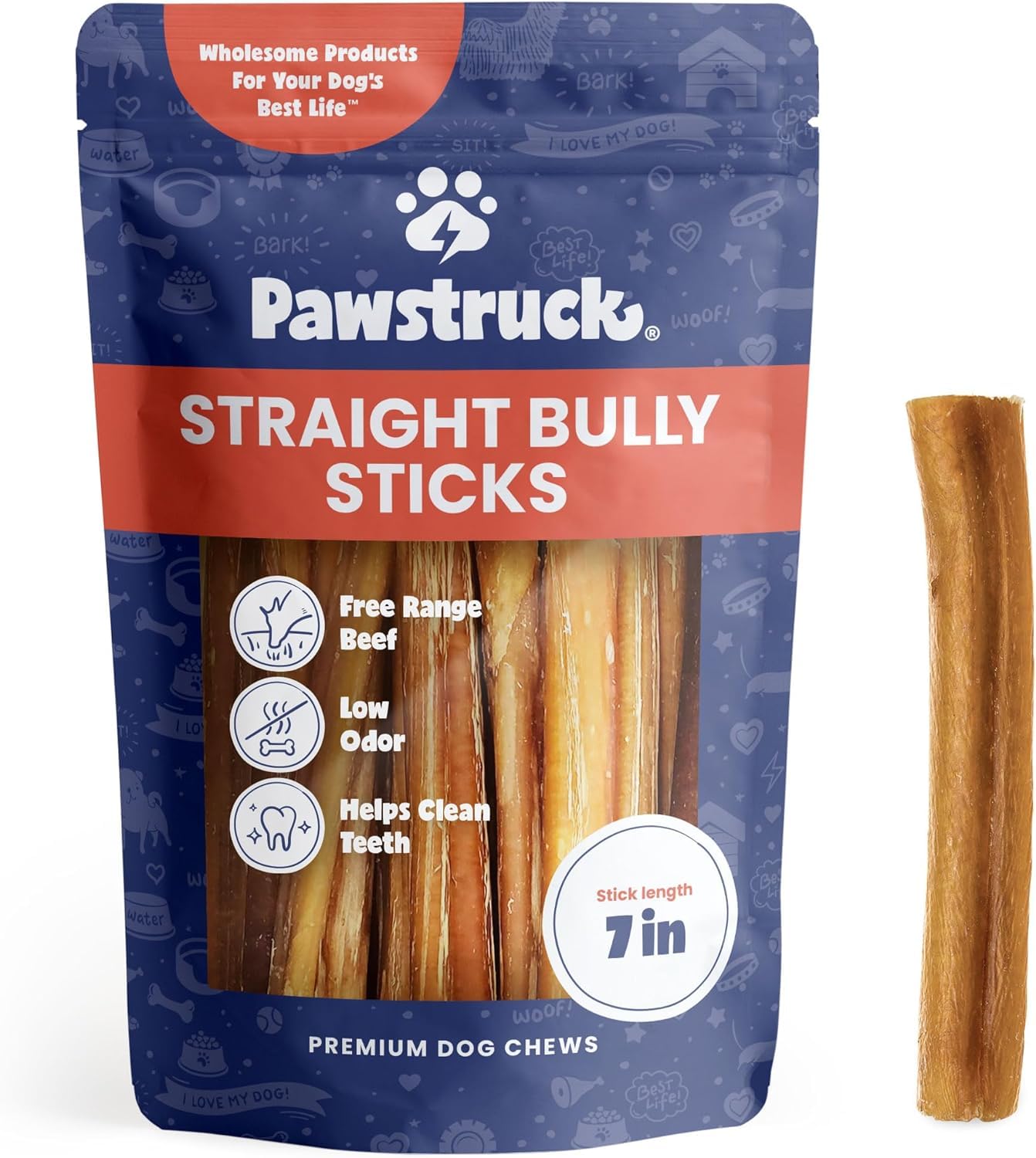 Pawstruck All-Natural 7 Bully Sticks for Dogs - Best Long Lasting, Rawhide Free, Low Odor & Grain Free Dental Chew Treat - Healt