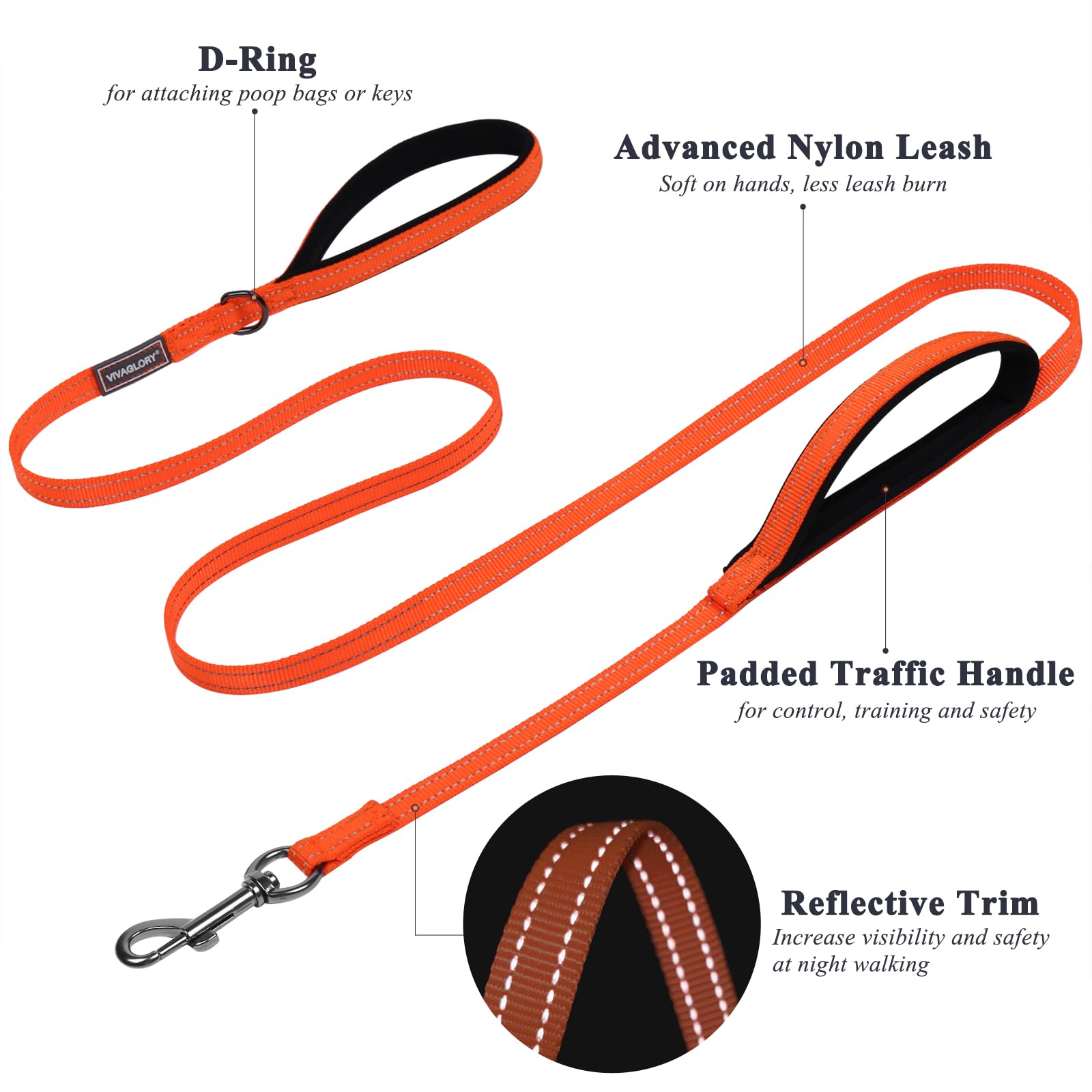 Vivaglory Traffic Handle Dog Leashes, Two Padded Soft Handles Strong Dog Leash, Reflective & Metal Hook Training Pet Lead, Orang