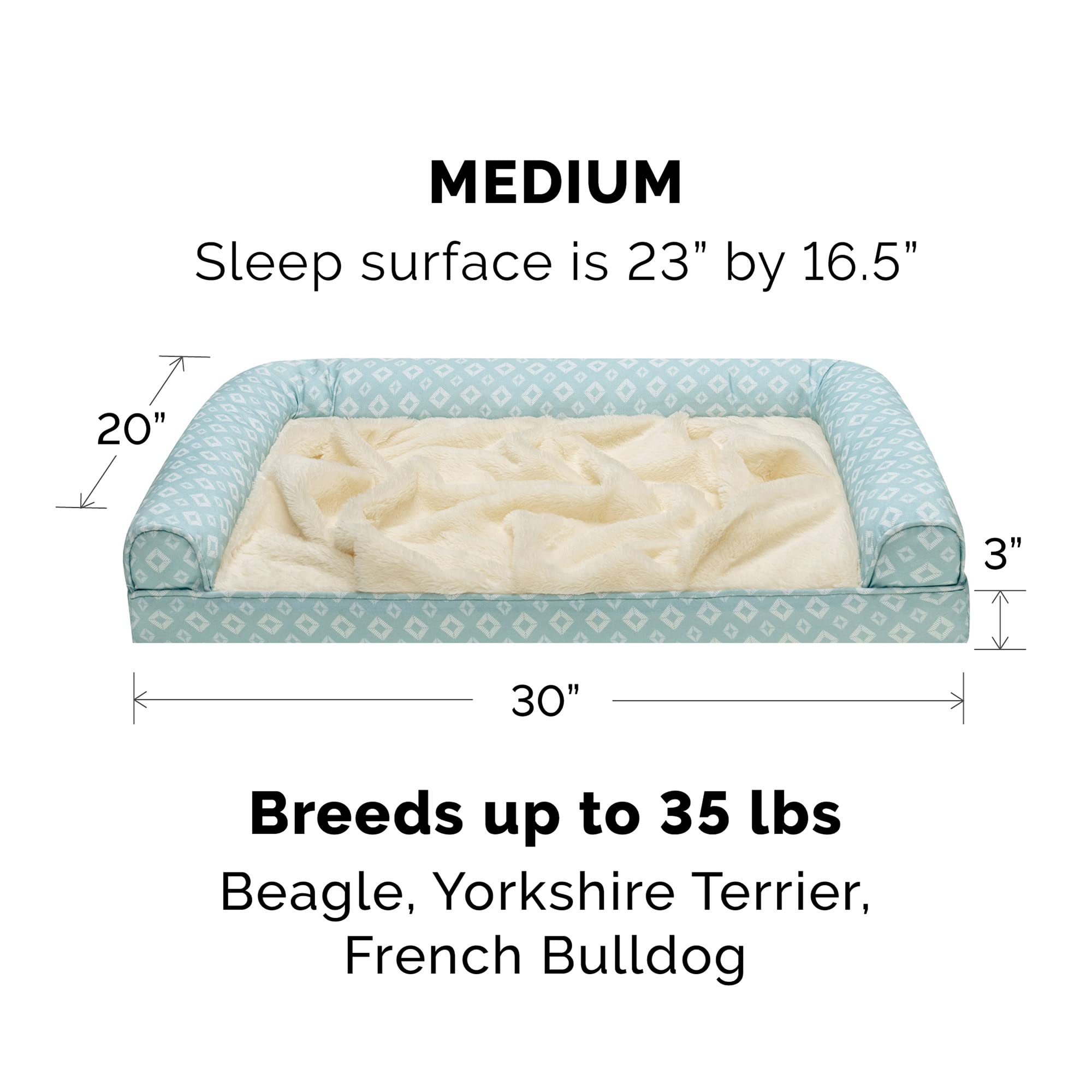 Furhaven Replacement Dog Bed Cover Plush & Diamond Print Nest Top Sofa-Style, Machine Washable - Aqua, Medium