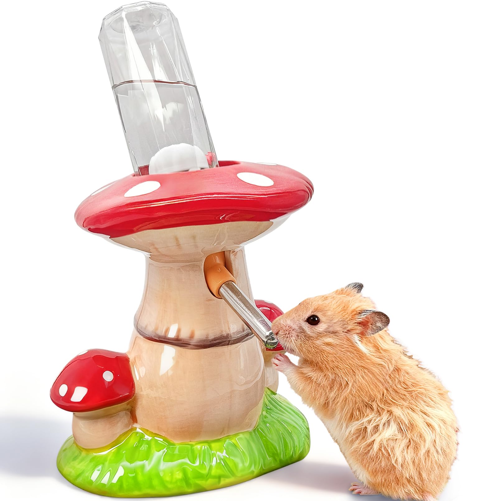 BNOSDM Hamster Water Bottle No Drip Ceramic Hamster Water Bottle for Glass Tank - 80ML Water Dispenser with Mushroom Stand Holde