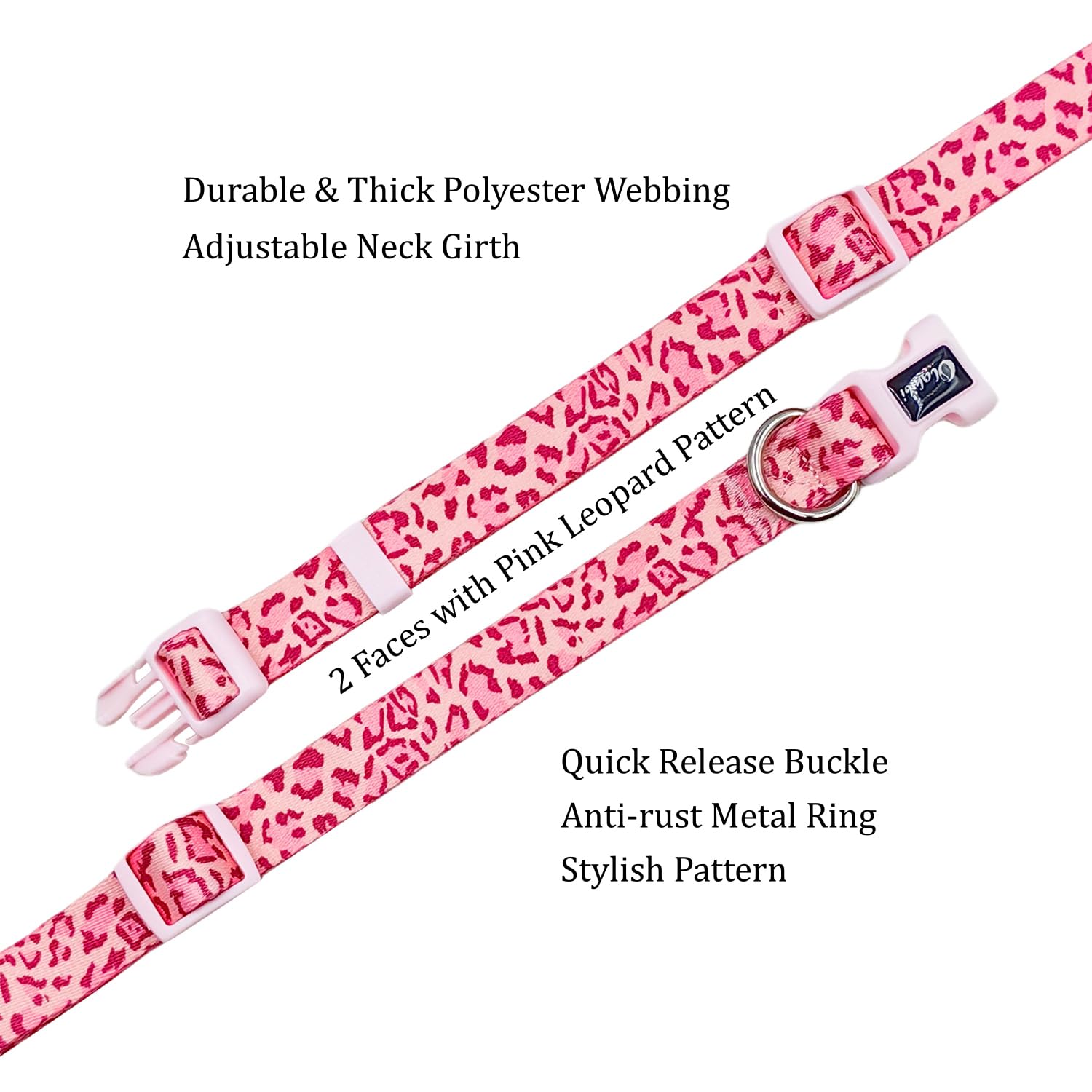 Olahibi Basic Dog Collar, Leopard Pattern, Soft And Durable Polyester Material, Adjustable Length, For Small Dogs.(Small, Pink L