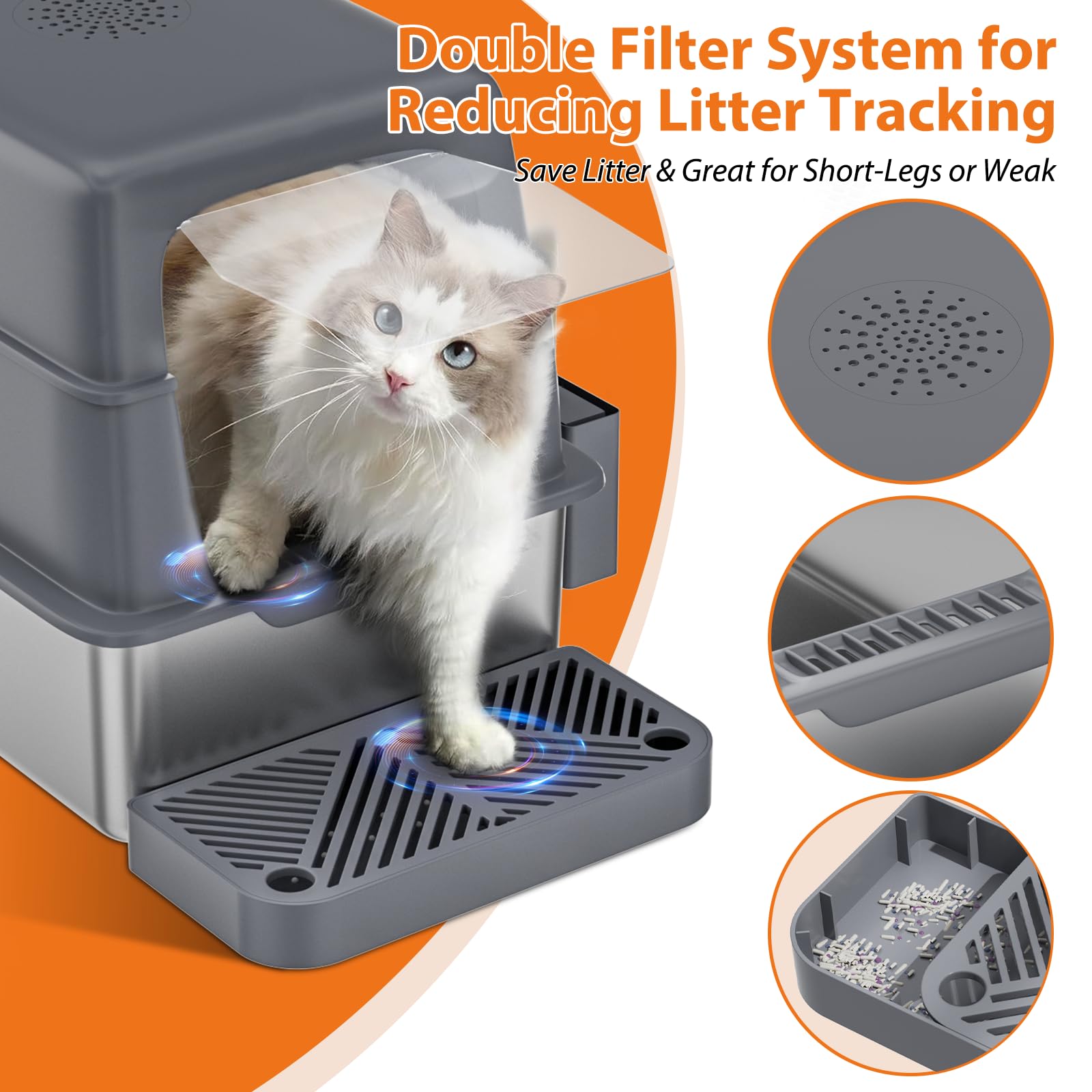 Stainless Steel Litter Box With Lid, 2 Pack Xl Metal Cat Litter Box With Removable High Sided Enclosed, Foot Pedal & Scoop & Lit