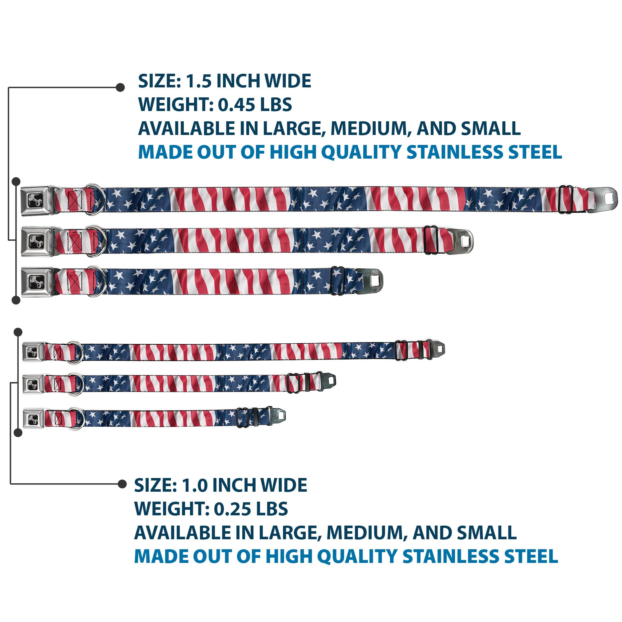 Dog Collar Seatbelt Buckle American Flag Vertical Close Up 16 To 23 Inches 1.5 Inch Wide