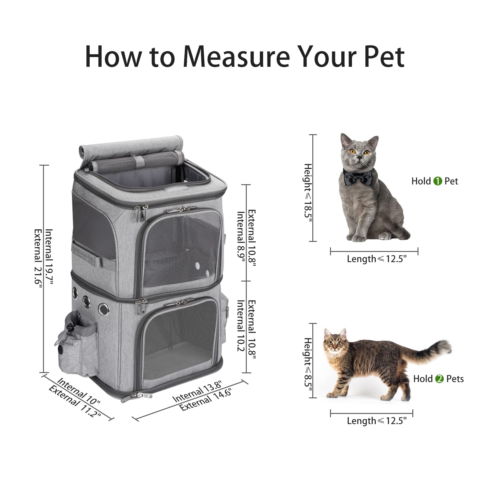 Hovono Double-Compartment Pet Carrier Backpack For Small Cats And Dogs, Cat Travel Carrier For 2 Cats, Perfect For Traveling/Hiking/Camping, Grey