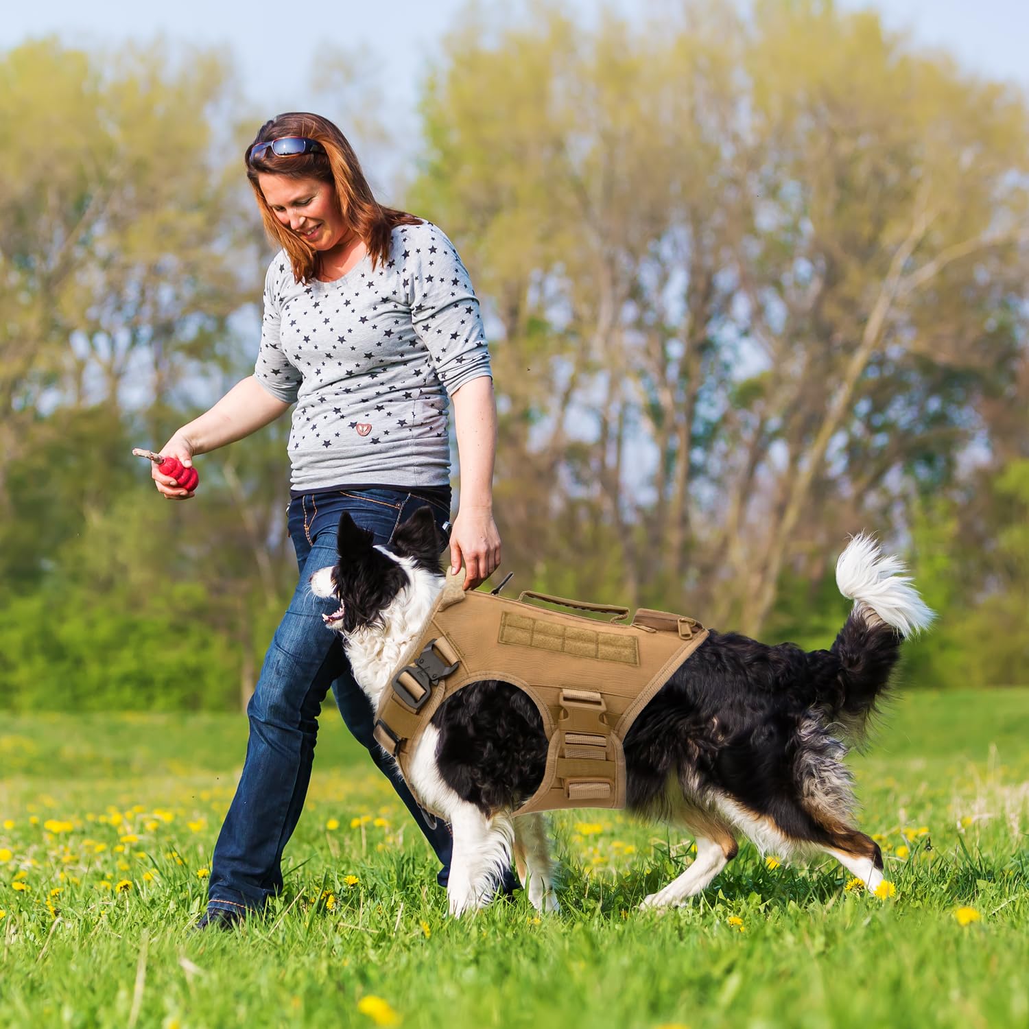 Tactical Dog Harness For Medium And Large Dogs No Pull Adjustable Dog Vest For Training Hunting Walking Military Dog Harness With Handle Service Dog Vest With Molle & Loop Panels Khaki,L(Vest Only)