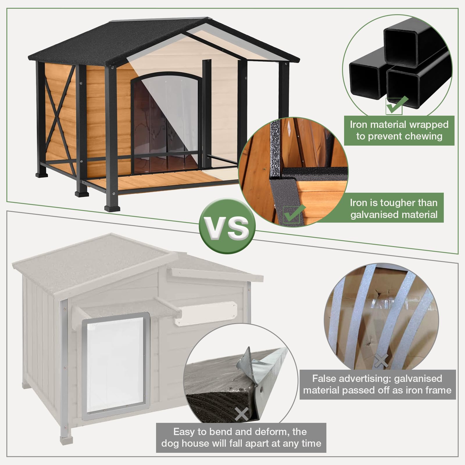 Medehoo Insulated Dog House Outdoor - Large All-Around Iron Frame - Fir Wood Construction And Weatherproof- Ideal For All Dog Br