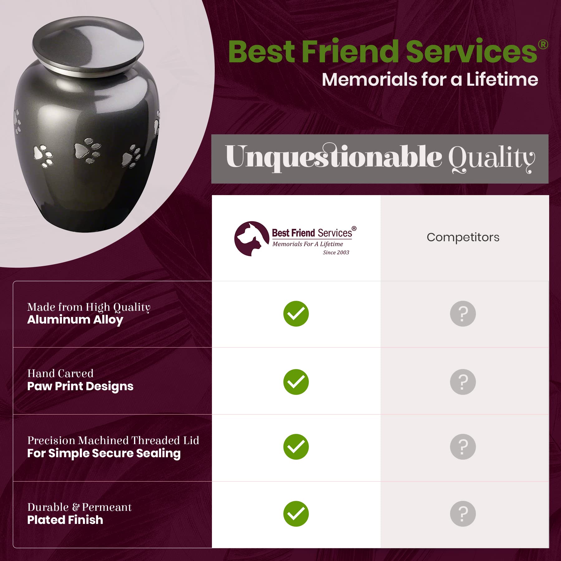 Best Friend Services Pet Urn - Ottillie Paws Legacy Memorial Pet Cremation Urns For Dogs And Cats Ashes Hand Carved Brass Memory Keepsake Urn (Slate, Vertical, Pewter, X-Large)
