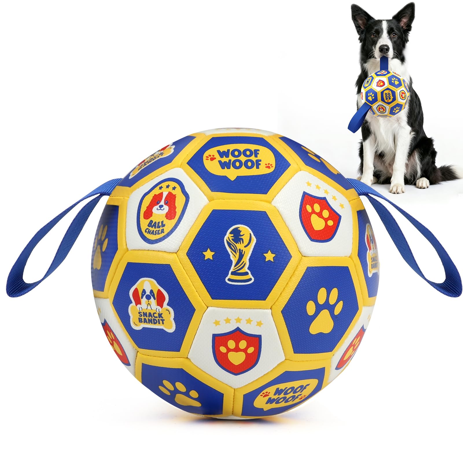 Vivifying Dog Toys Balls, Interactive World Cup Soccer Ball for Small Medium Dogs, Durable PU Enrichment Training Toy with Strap