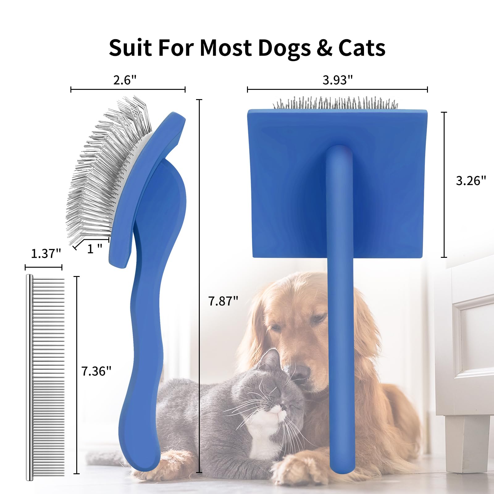 Wopqaem Slicker Brush For Dogs, Long Pin Dog Grooming Brush For Goldendoodles, Poodles, Doodles & More, Includes Bonus Pet Comb, Perfect For De-Shedding, Dematting & Reducing Tangles. Large, Blue