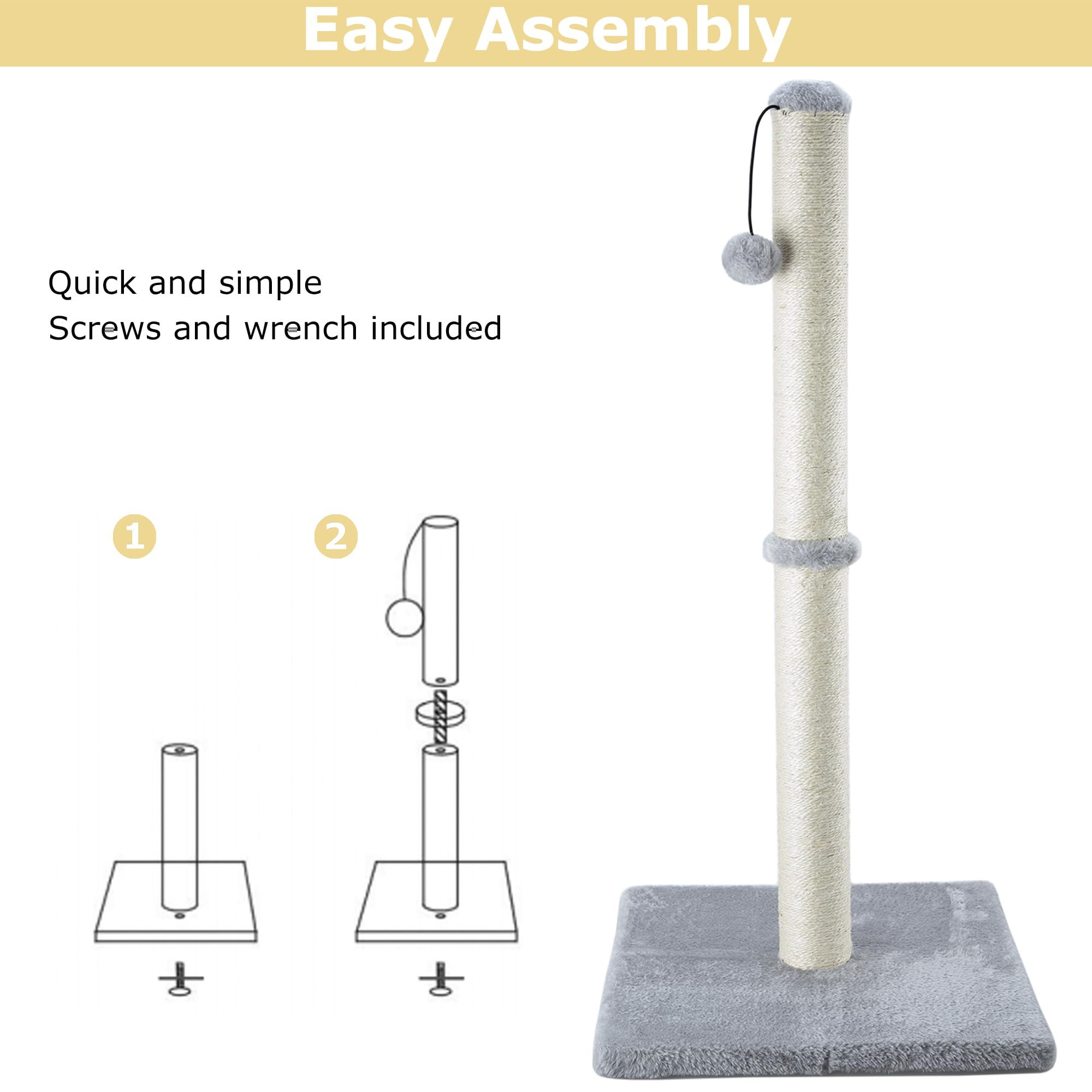 Dimaka 29' Tall Cat Scratching Post For Indoor Cats And Kittens, Cat Activity Scratcher Premium Sisal Rope Scratch Tree With Dangling Ball (Grey)