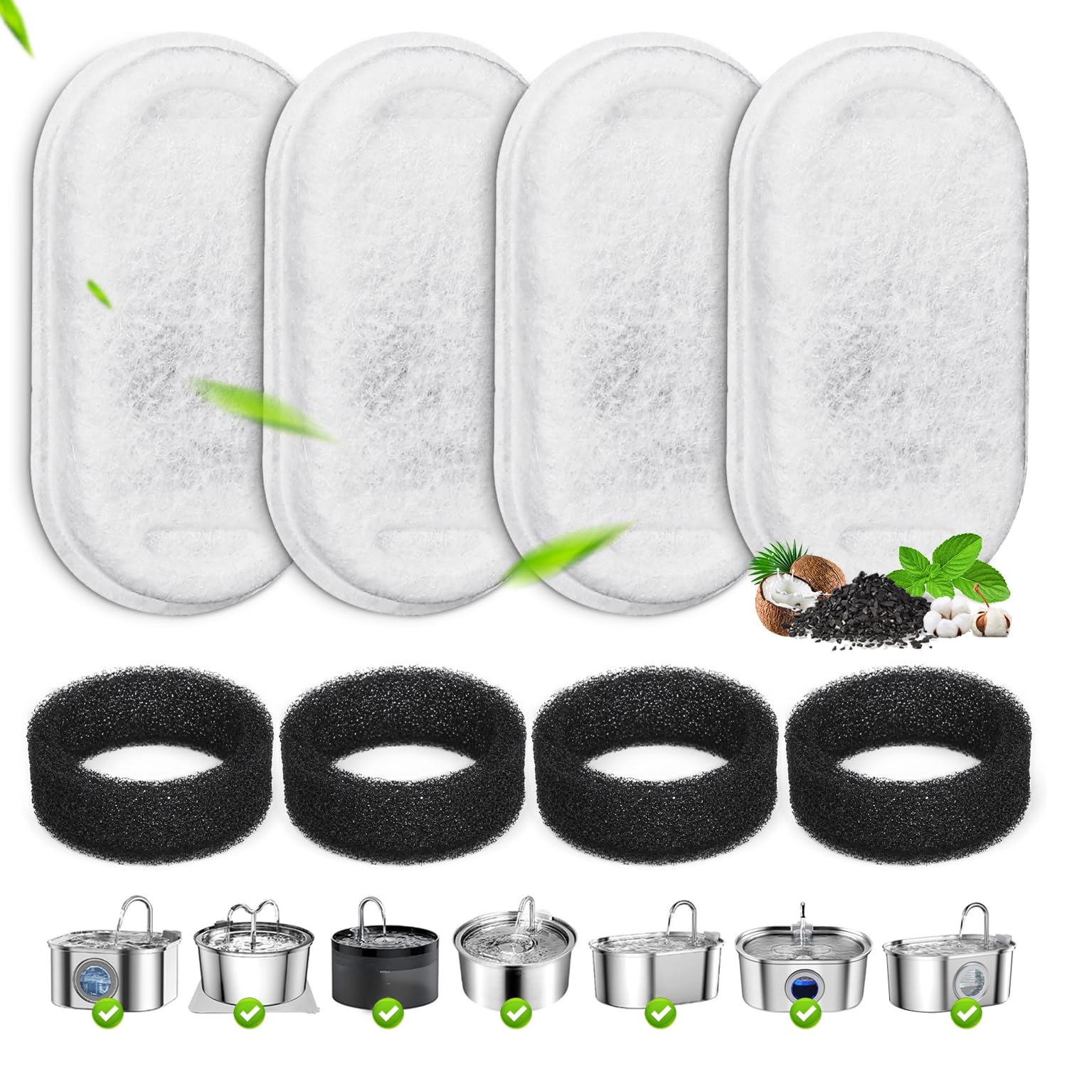 Cat Water Fountain Filters, 4 Pack Replacement Filters & Pre-Filter Sponges For 3.2L/108Oz & 67Oz/2L Stainless Steel Pet Fountai