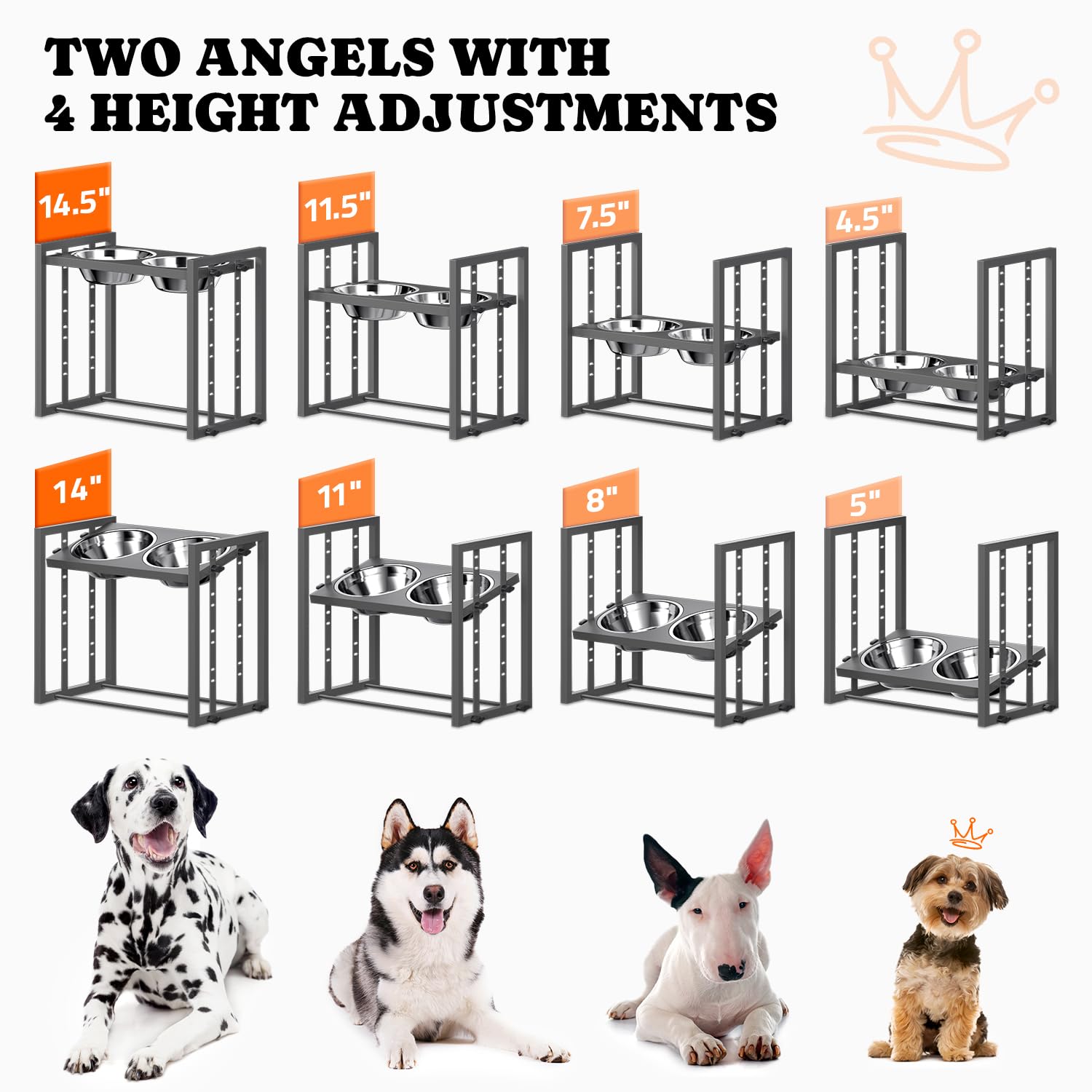 Elevated Dog Bowls For Medium Breed: 4 Height Adjustable Raised Dog Bowl Feeder Station, 2 Stainless Steel Bowls, Grey