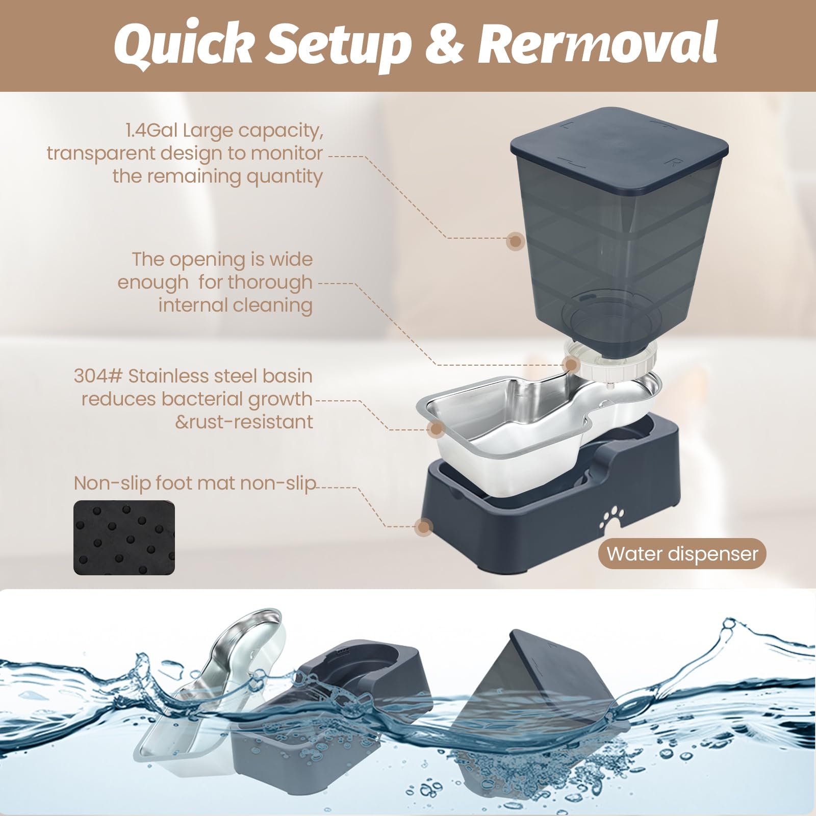 Leefele Automatic 5.4L/1.4Gal Pet Waterer, Automatic Dog Water Dispenser Gravity Stainless Steel Water Feeder, Large Capacity Fe