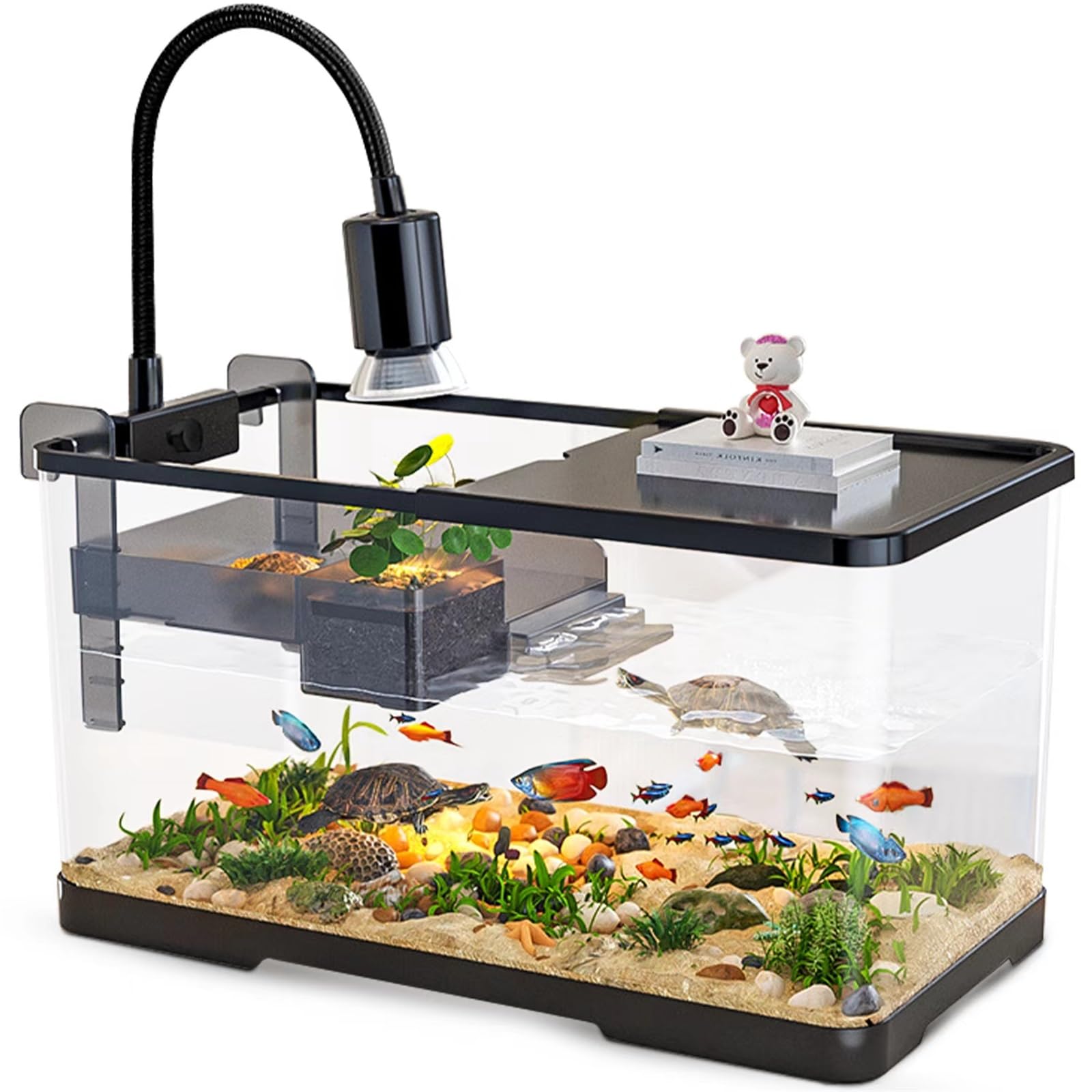 (Tank + Light + Filter Balls) Turtle Tank Kit, Turtle Tank Starter Kit,Bottom Drainage, Multi-Function Areas For Turtles, Crabs,