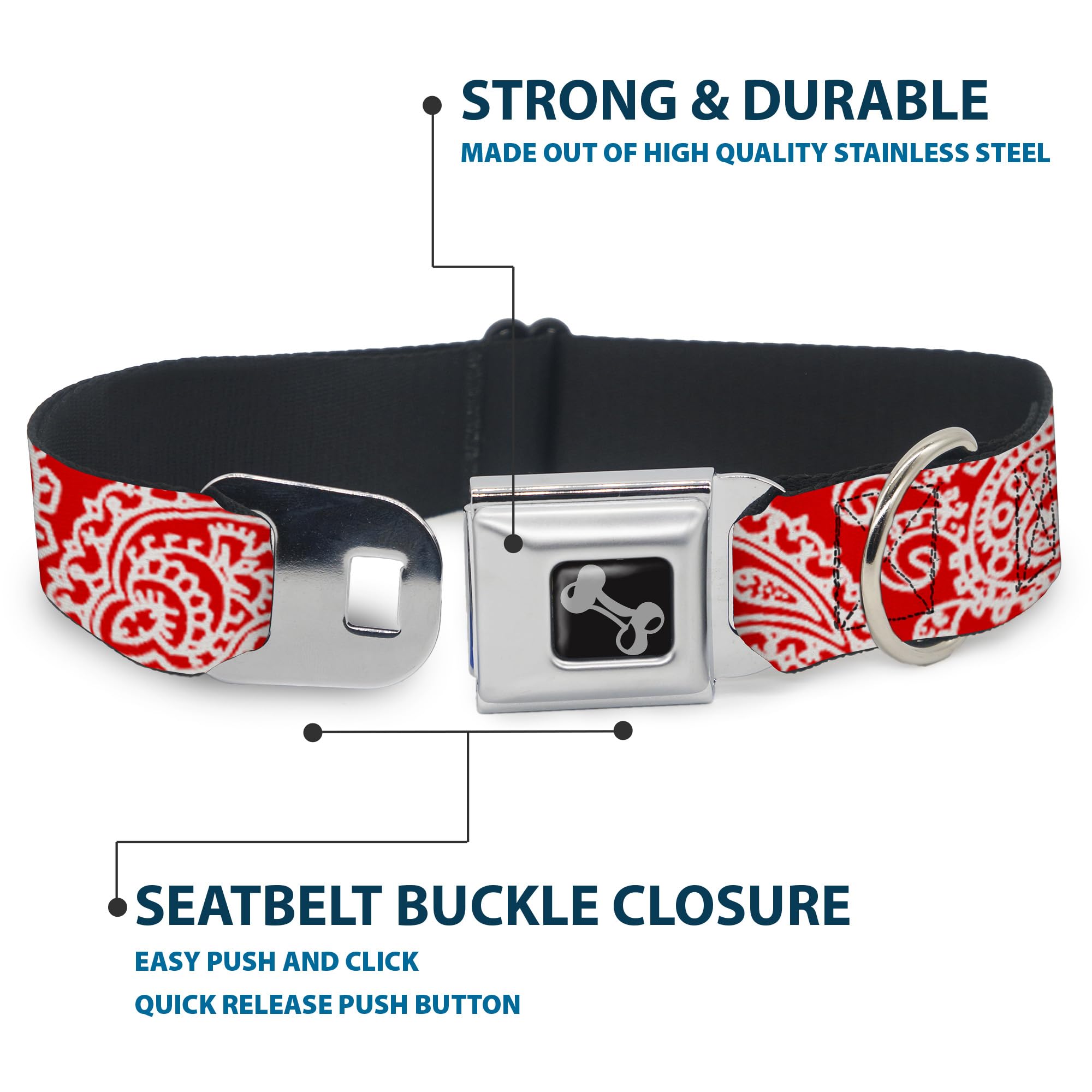 Buckle-Down Seatbelt Buckle Dog Collar - Bandana/Skulls Red/White - 1'' Wide - Fits 11-17'' Neck - Medium