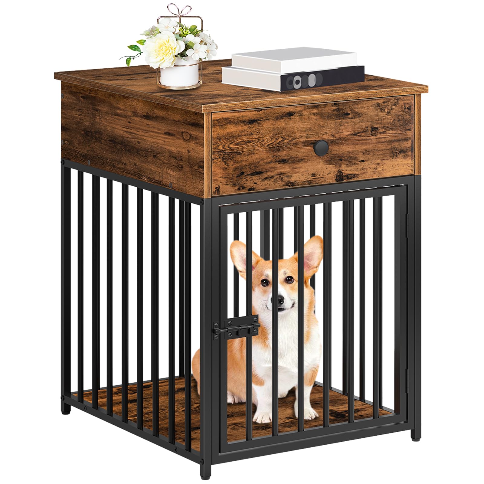 HOOBRO Dog Crate Furniture, Wooden Dog House, Decorative Dog Kennel with Drawer, Indoor Pet Crate End Table for Small Dog, Steel