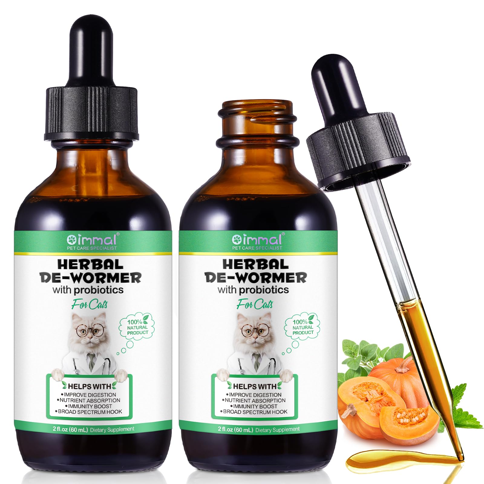 2 Pack Specifically Formulated for Cats,Cats Natural Broad Spectrum Treatment with Probiotics, Herbal Cleanse,Digestive Support 
