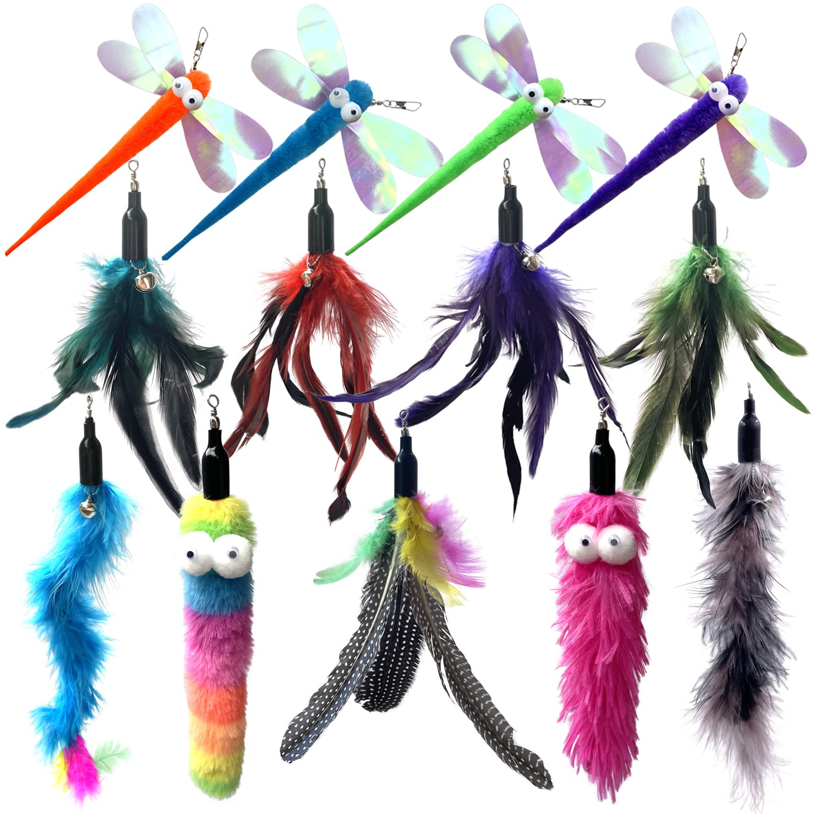 Cat Worm & Dragonfly Teaser Wand Attachments - 13 Pcs Assorted Refills With Bell