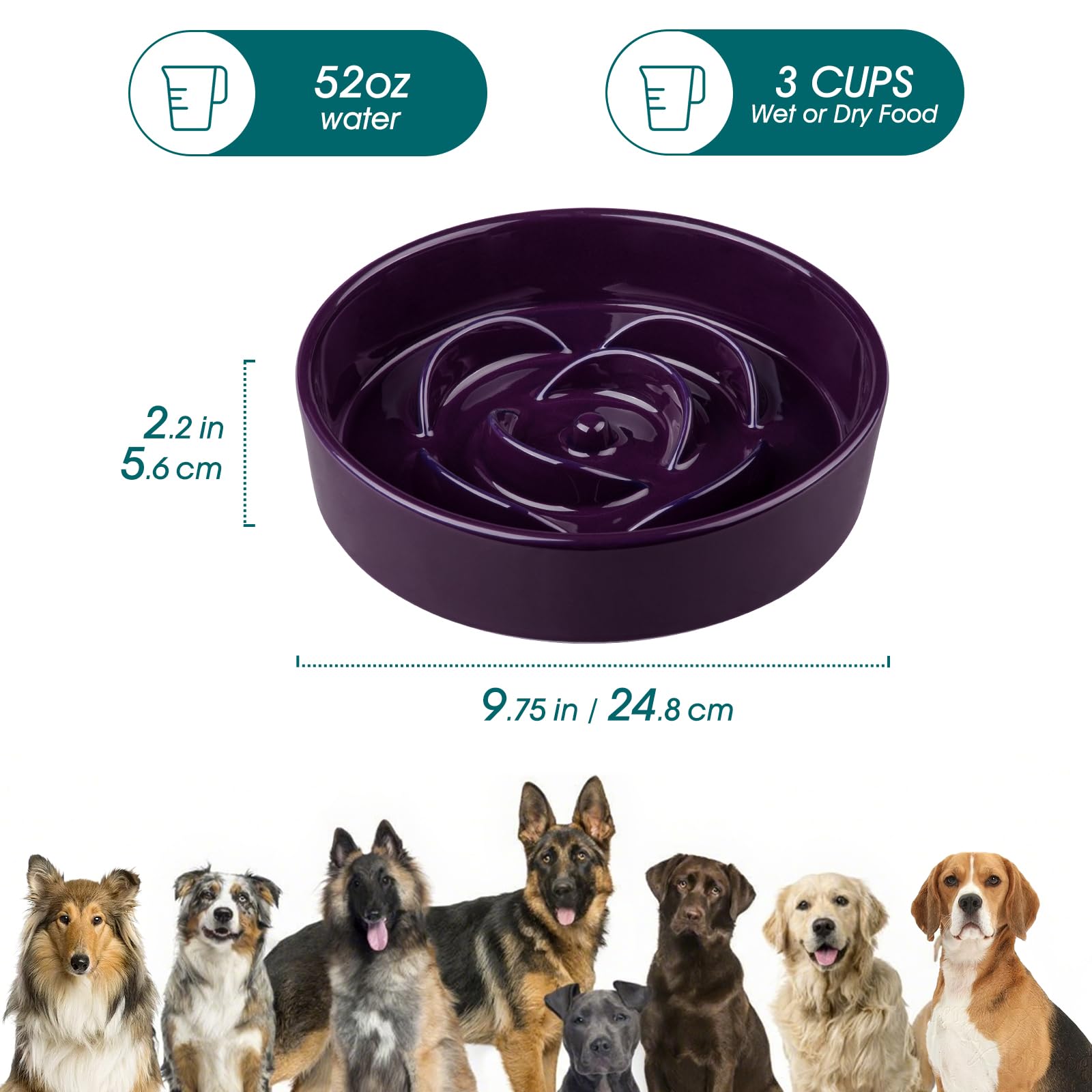 vancasso Slow Feeder Dog Bowl, 3 Cups Ceramic Slow Feeder for Large Breed, Puzzle Maze Dog Food Bowl for Fast Eater, Dark Purple