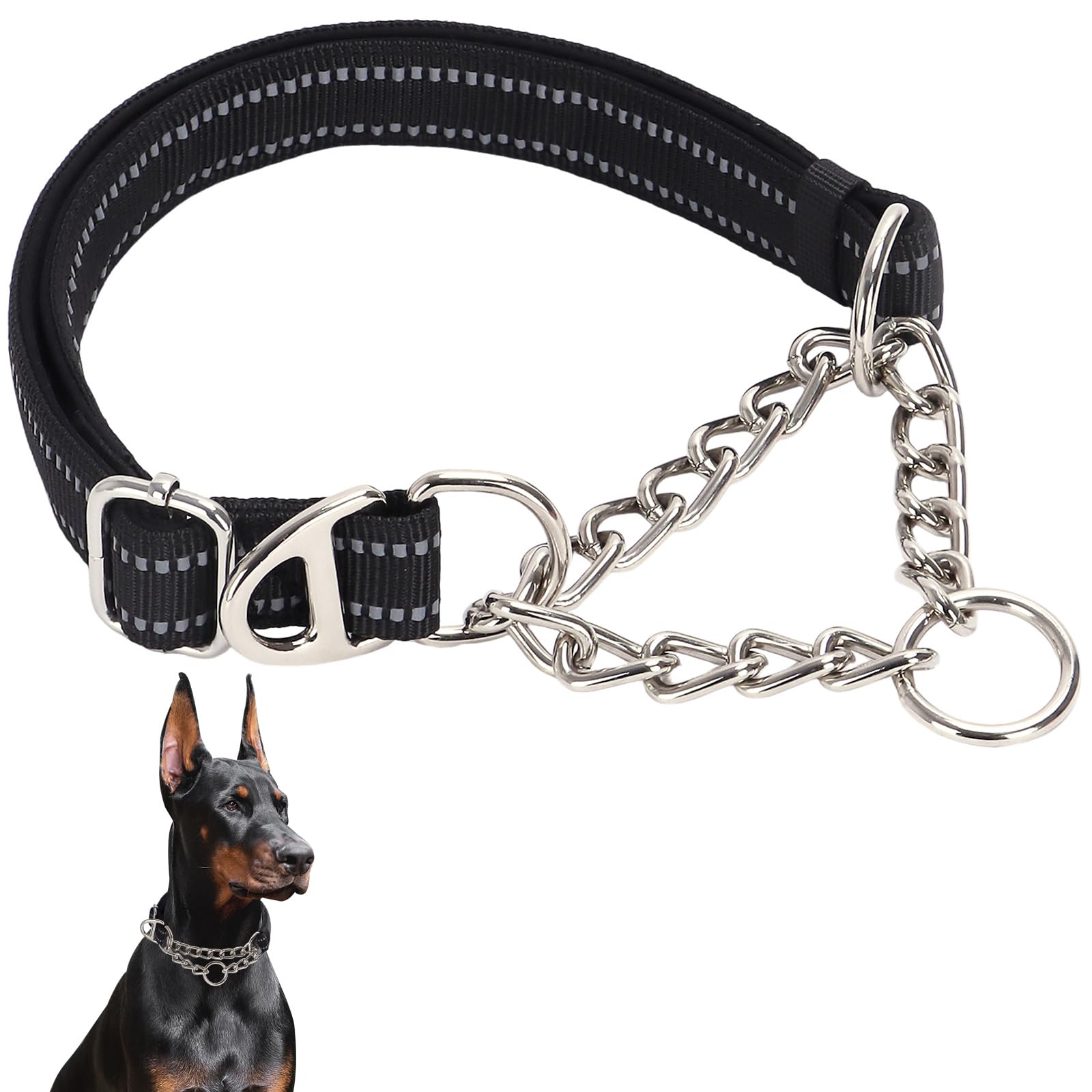 Reflective Martingale Collar For Dogs With Steel Chain, Adjustable No Pull Dog Training With Soft Padded For Large Breed Dogs, M