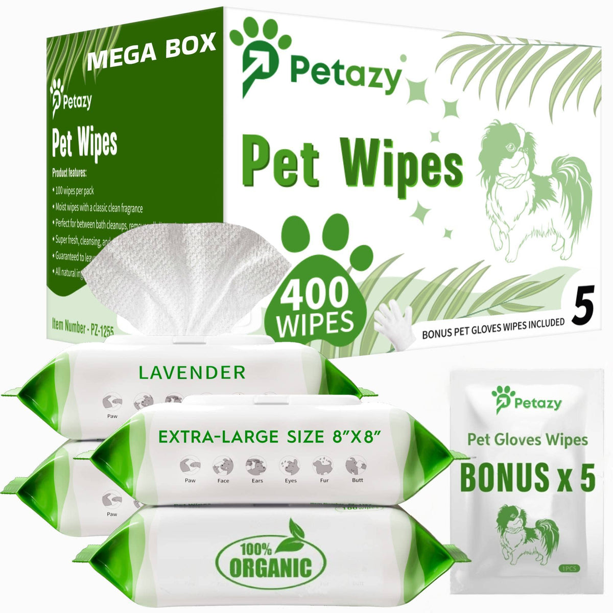 Petazy Dog Wipes for Paws and Butt Ears Eyes  Organic Pet Wipes for Dogs  Lavender Scented Dog Wipes cleaning Deodorizing  Extra