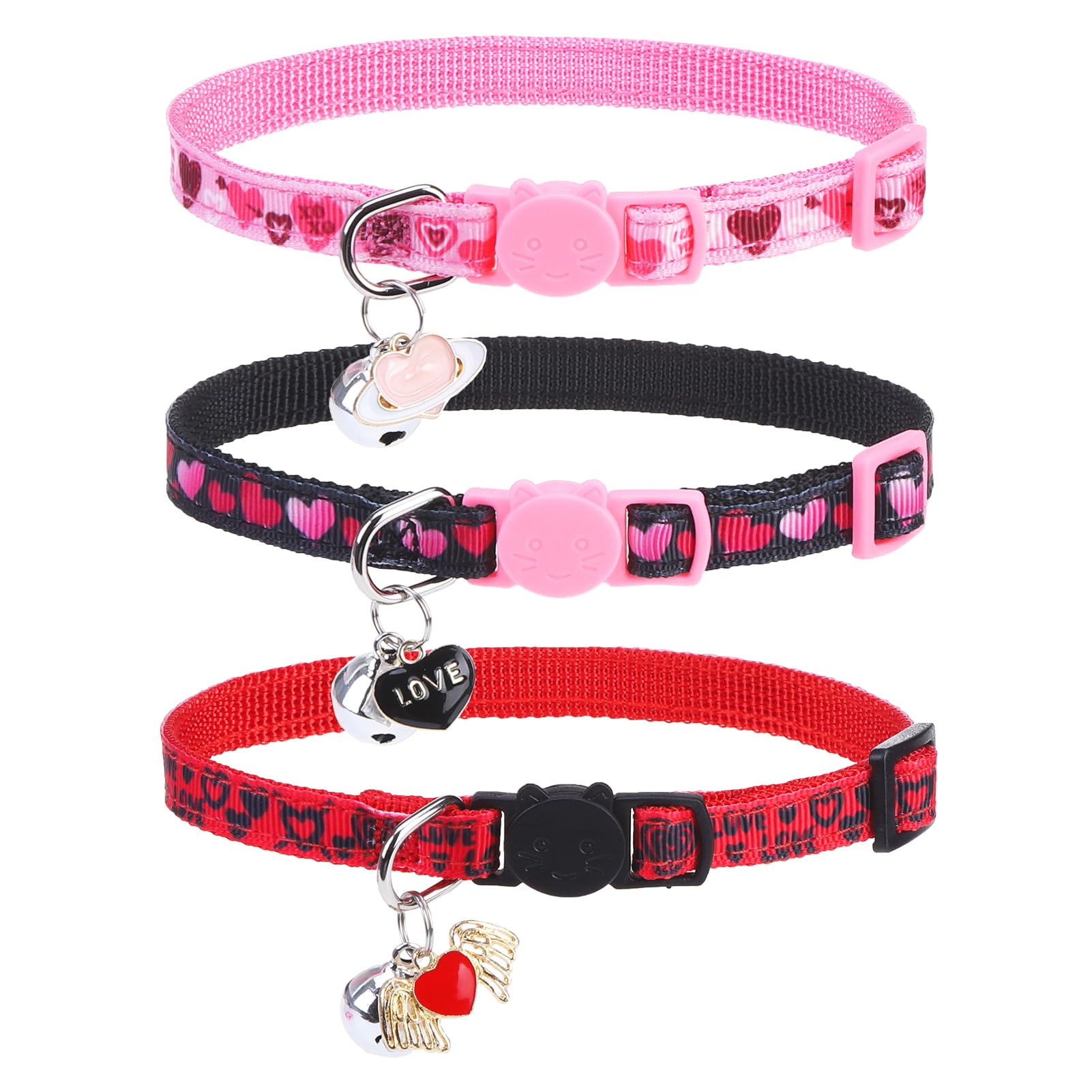 Pupteck 3 Pack Cat Collar With Bells Breakaway - Safety Small Kitten Collar Adjustable Heart Pink Red Black, 8-12 In